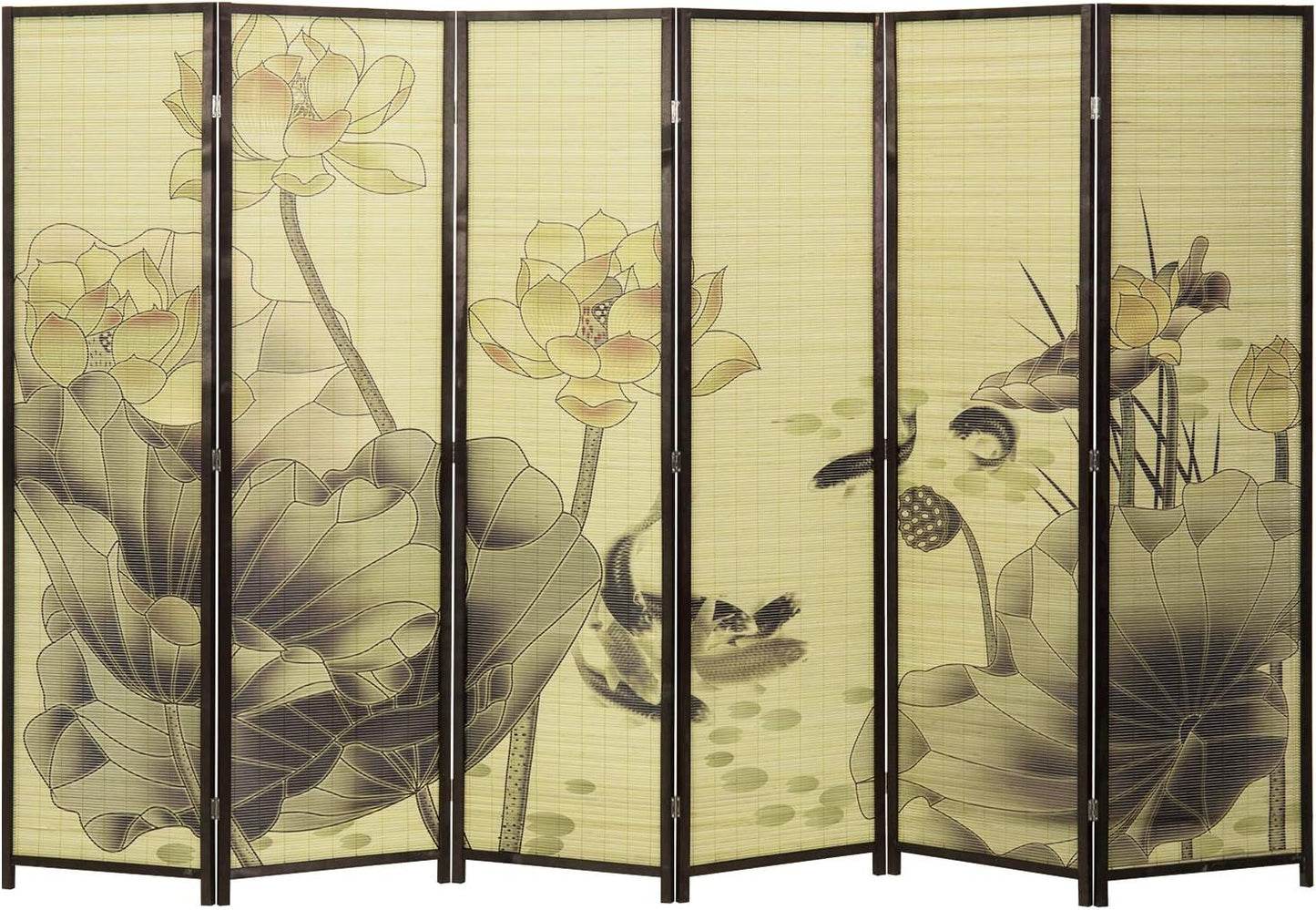 MyGift Decorative 4 Panel Folding Room Divider Bamboo Screen with Chinese Calligraphy Design, 6FT Freestanding Floral Artwork Room Partitioner with Black Wood Frame