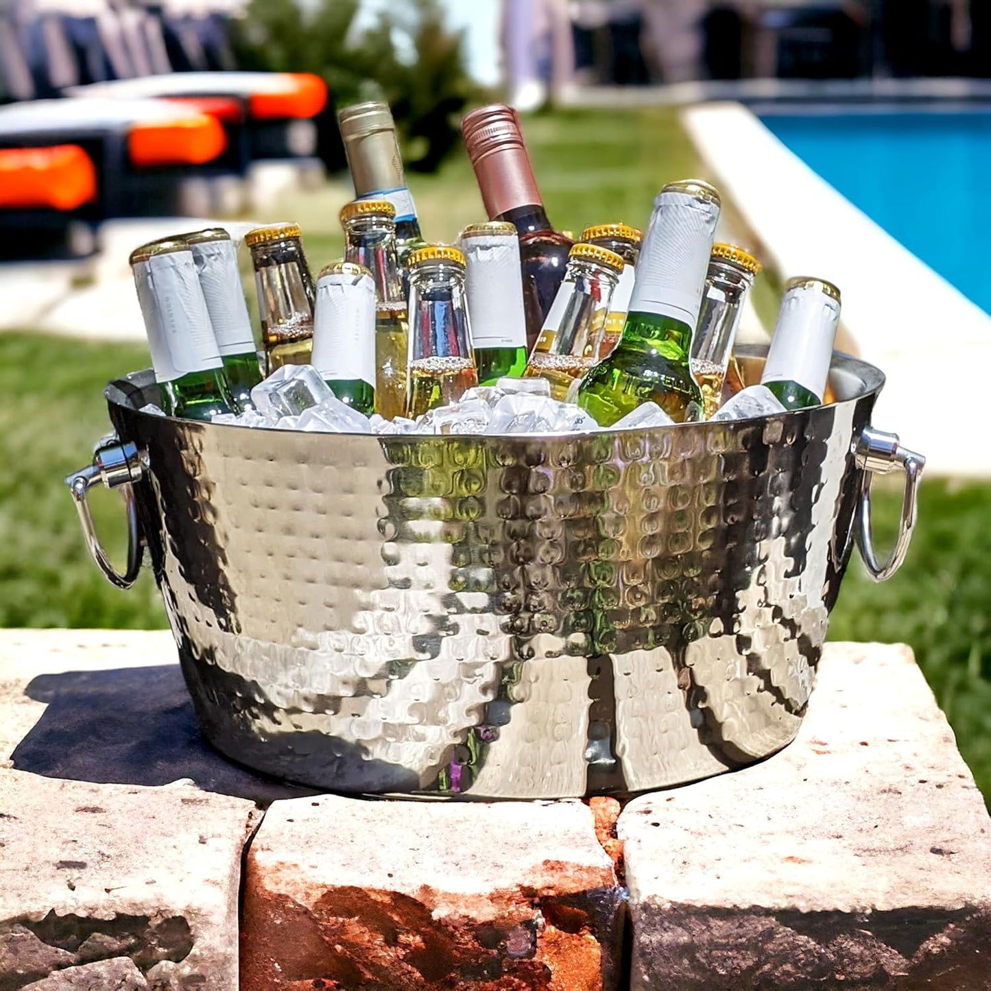 BREKX Champagne Ice Bucket with Stand, Wine Bucket with Stand Stand for Parties/Insulated Wine Chiller Bucket for Parties, 100% Leak Proof Metal Bucket - Bottom Tray
