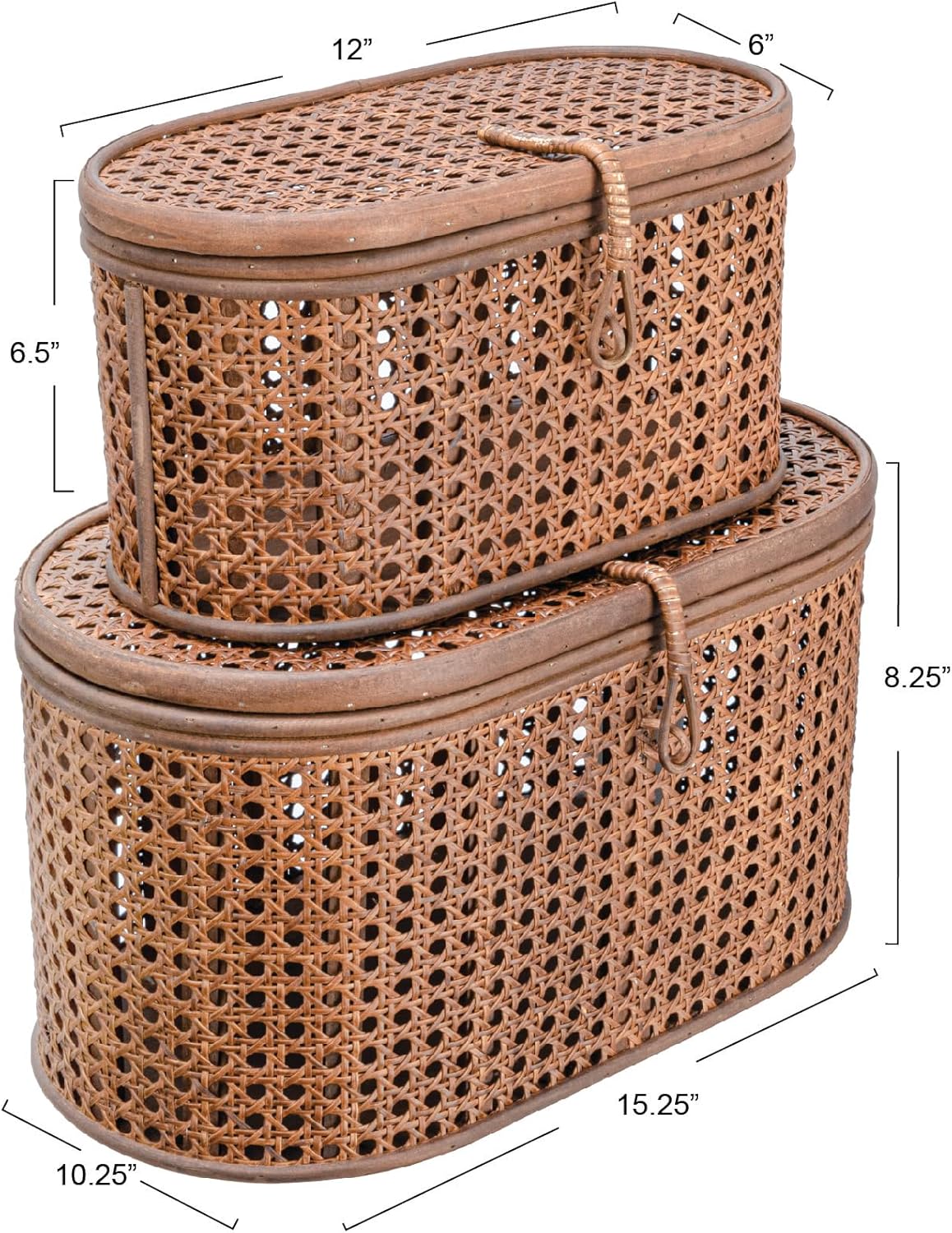 Modern Decorative Oval Woven Rattan Storage Boxes, Set of 2 Sizes, Dark Brown Finish