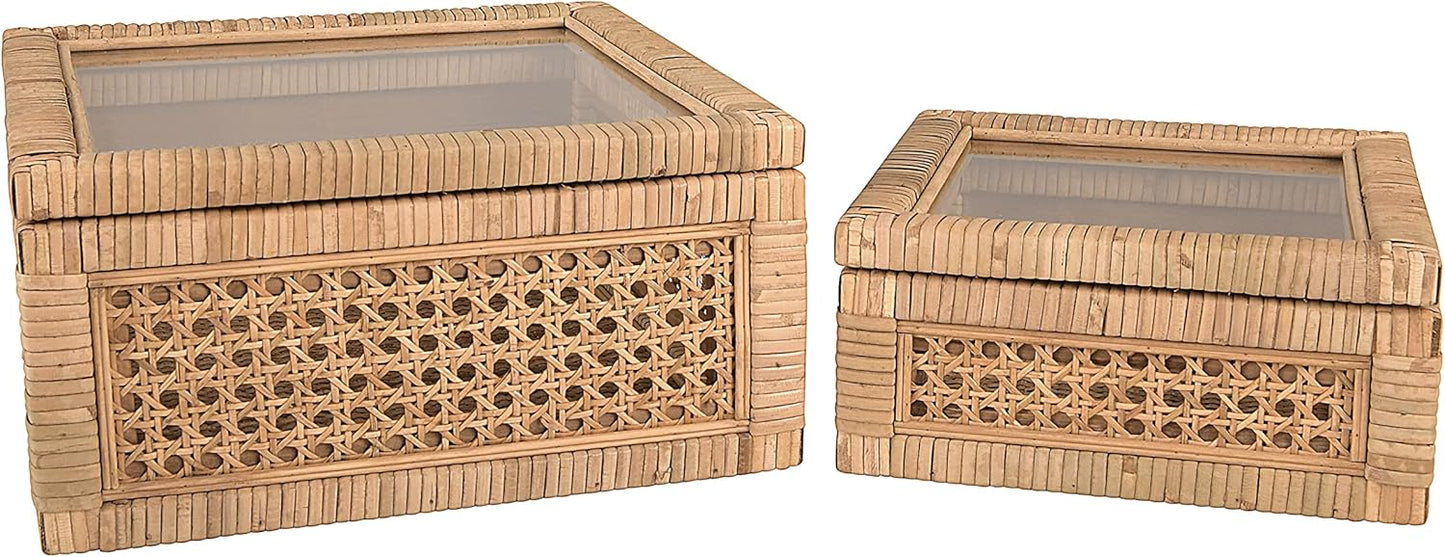Creative Co-Op Modern Decorative Square Woven Rattan and Wood Display Boxes with Glass Top, Set of 2 Sizes, Natural Finish