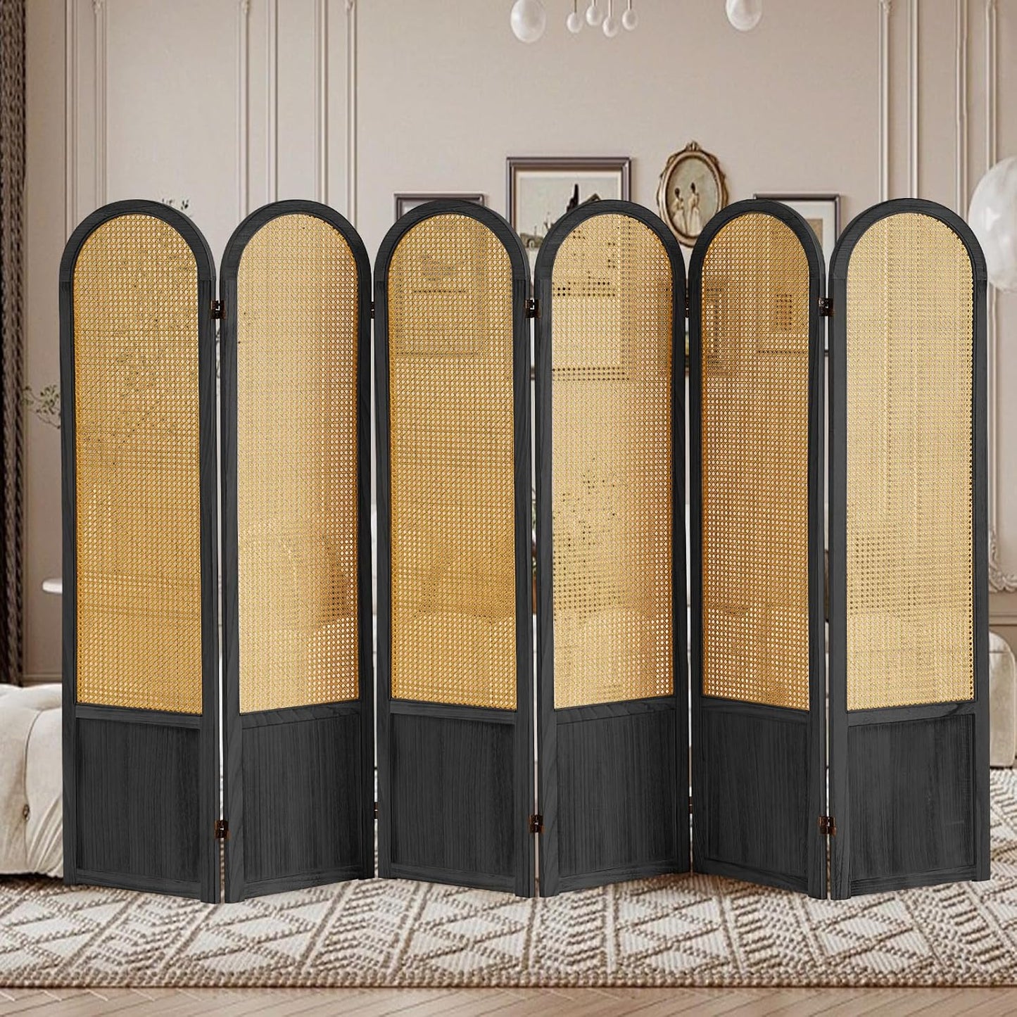 Room Divider Panel, 3 Panel Roomdivider Wall, Wood Room Dividers and Folding Privacy Screens, Rattan Partition Room Dividers, Privacy Dividers for Rooms, Bedroom, Dining Room, Black