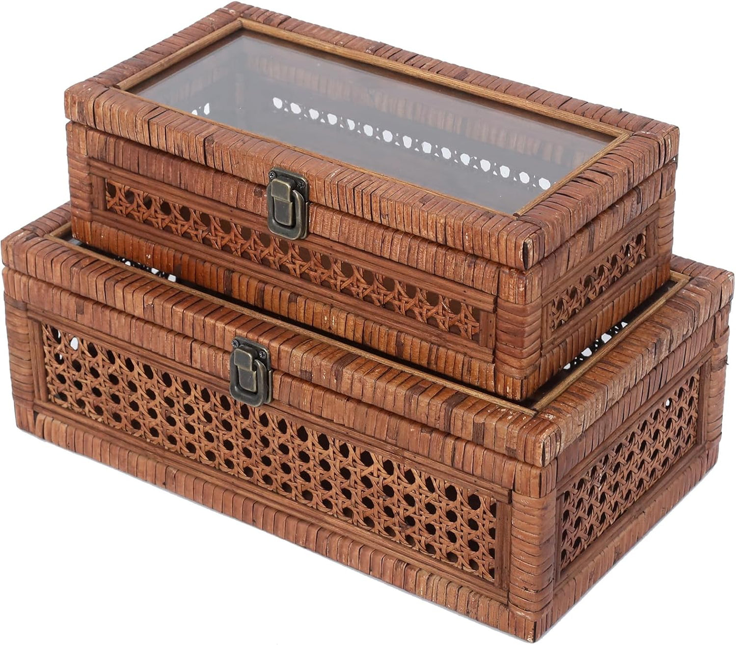 Rattan and Cane Stacking Boxes with Glass Top Lid - Set of 2 11.8" and 14.1", for Boho and Rustic Farmhouse Decor, Brown