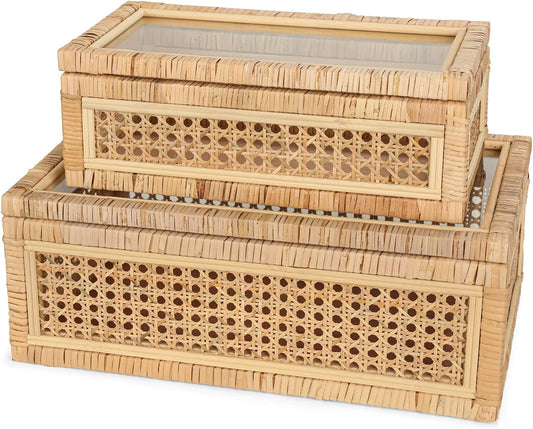 Large Handwoven Boho Rattan Display Boxes with Glass Lids - Set of 2 Rectangular Decorative Storage Bins - Natural Woven Cane Home Decor Organizers (15.55" x 9.64" x 5.9" & 12.48" x 6.88" x 4.52")