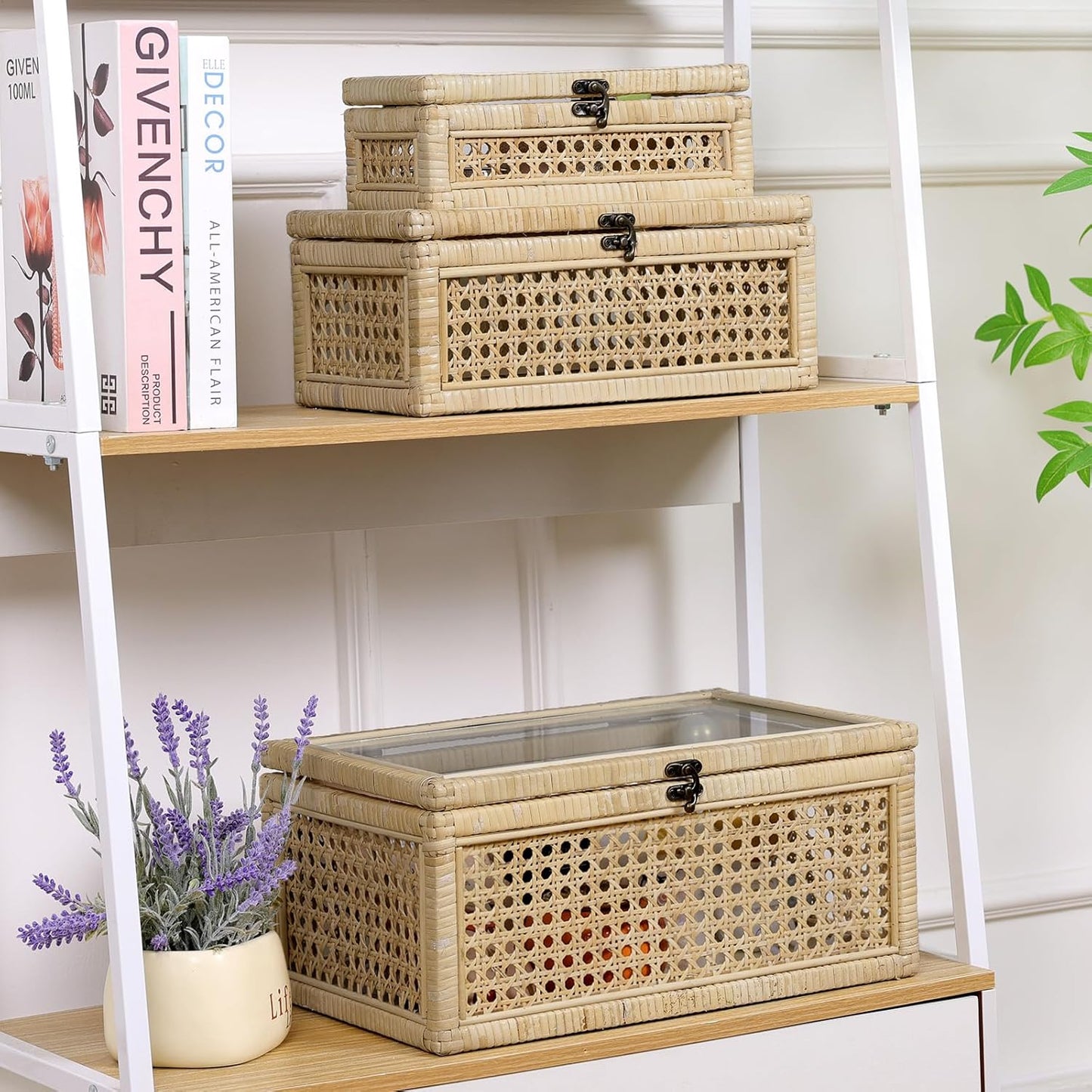 ANMINY Rattan Decorative Basket Box with Glass Lids, Set of 3 Boho Rectangular Display Boxes with Clear Top, Stackable Natural Handwoven Cane Wicket Storage Baskets Bins for Home Farmhouse Decor