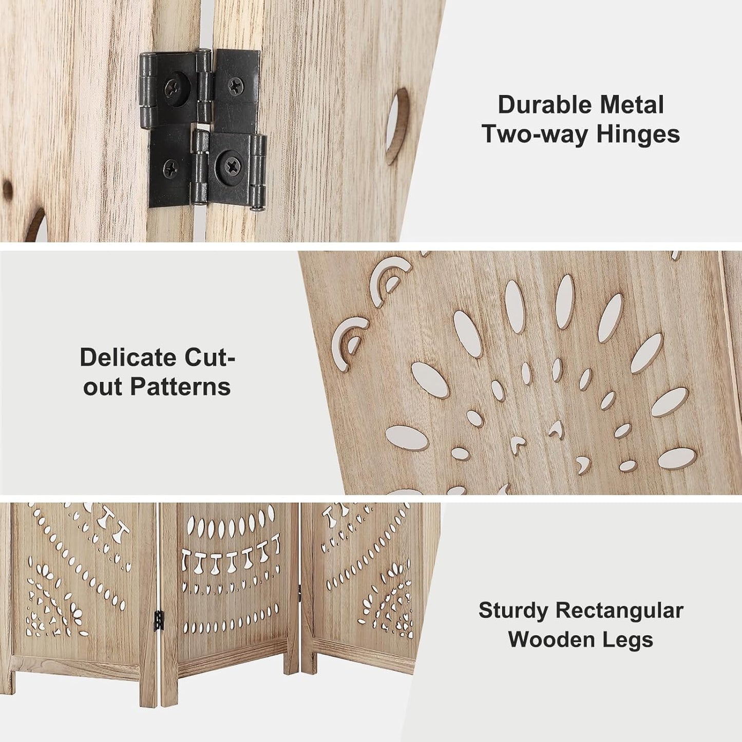 3 Panel Wooden Room Divider Screen - 8 Foot Tall Rustic Wood Privacy Partition with Floral Carved Cutouts, Foldable Farmhouse Decor for Bedroom, Home Office, Garden & Terrace (Natural)