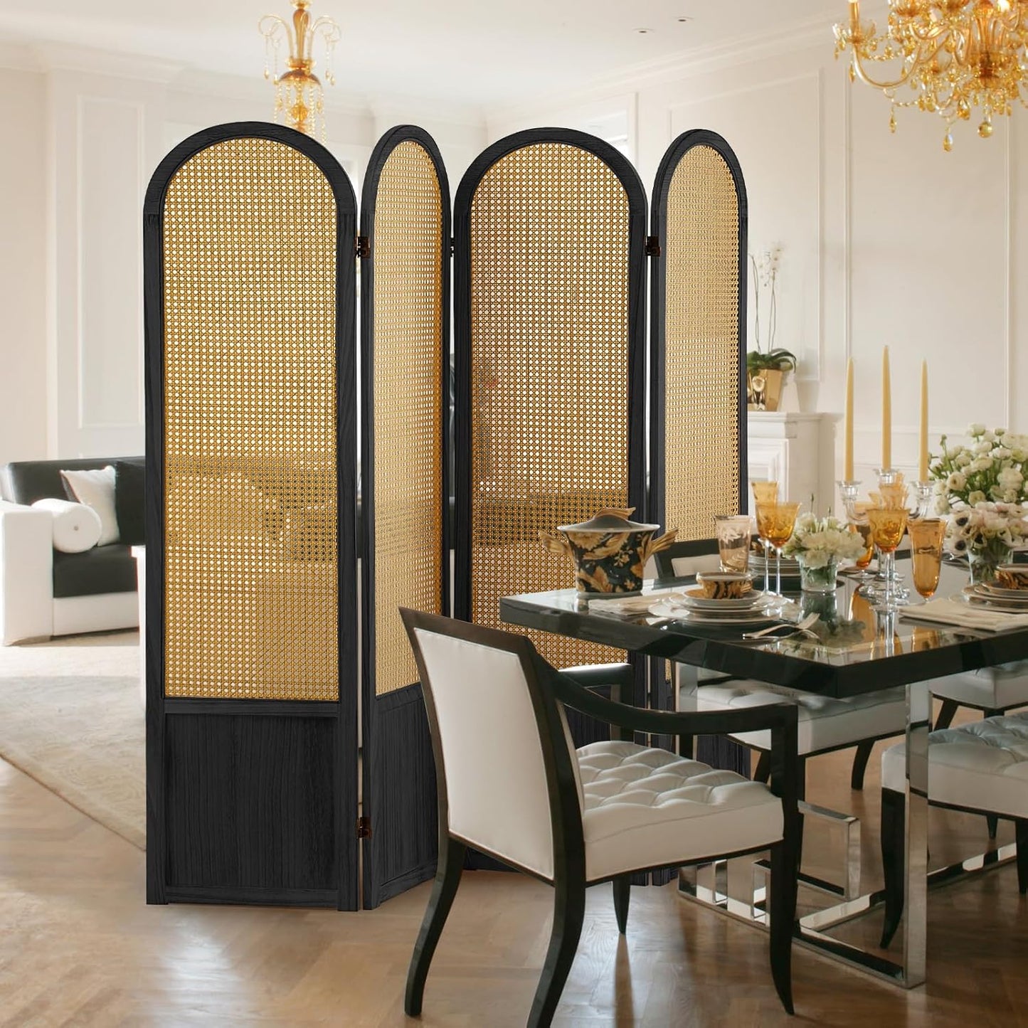 4 Panel Room Dividers and Folding Privacy Screens, Hand-Made Rattan Room Divider with Bi-Directional Hinge, Pre-Assembled Wood Room Divider Wall for Home Office Bedroom, Black