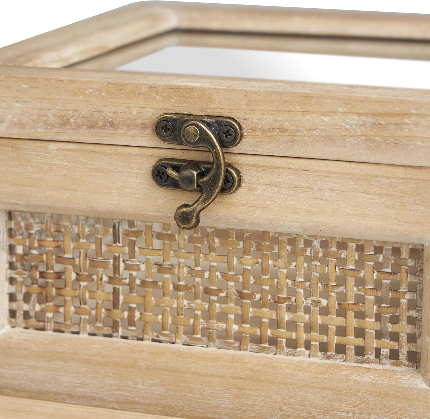 Deco 79 Wood Decorative Box Glass Top Decorative Keepsake Boxes with Rattan Side Panels and Bronze Hook Closures, Set of 2 Storage Boxes 9", 7" W, Light Brown