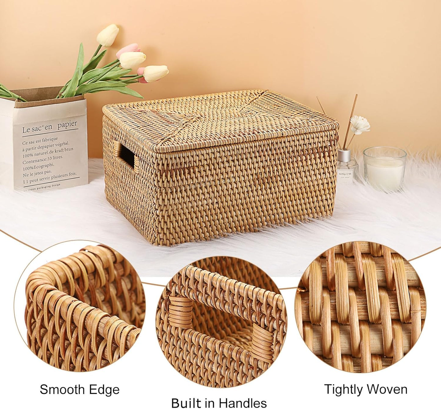 Hipiwe Wicker Storage Bins with Lid Handwoven Rattan Baskets Rectangular Decorative Shelf Baskets Bin with Handles Household Basket Boxes for Home Organizing,13.2"L x10.2"W x6.7"H