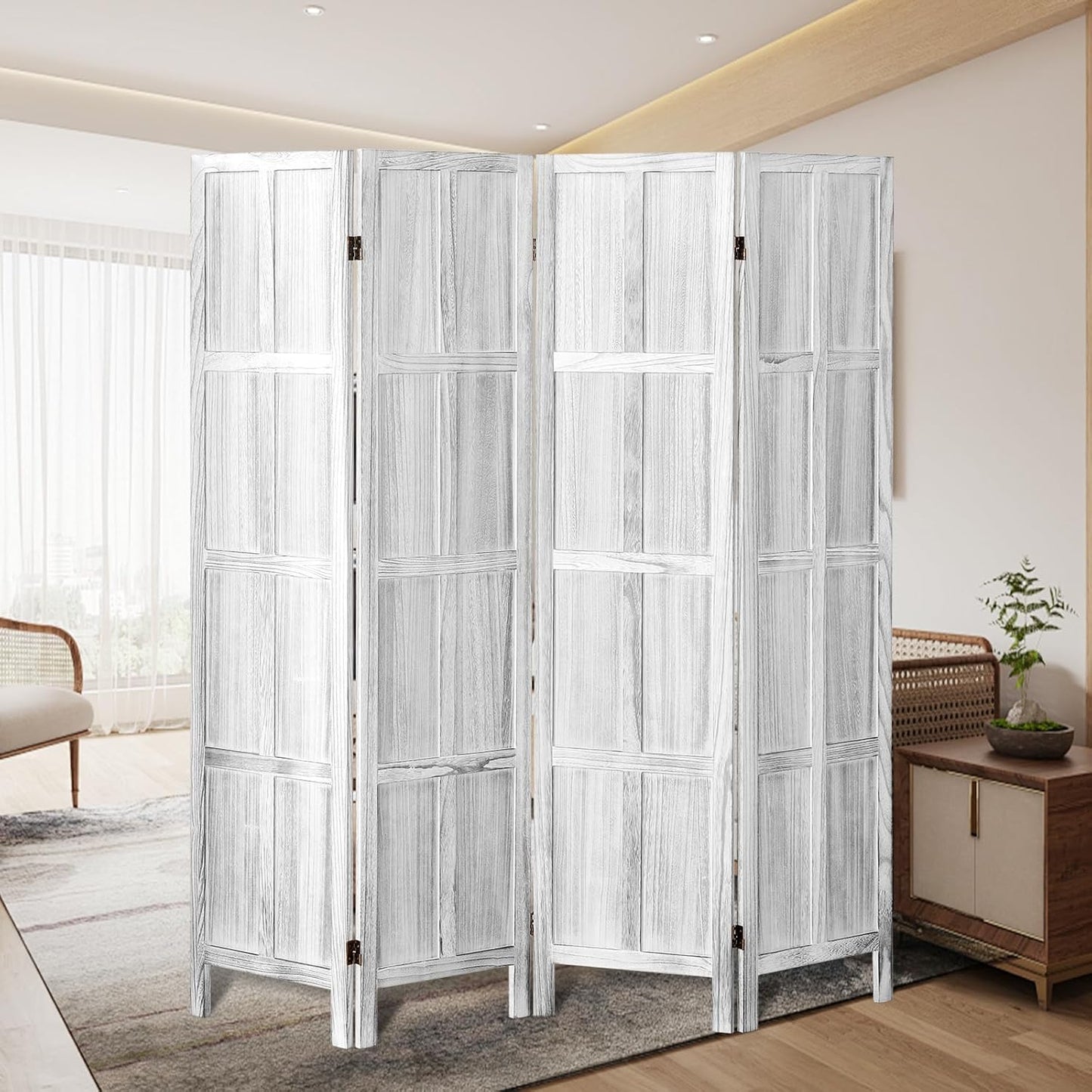 6 Panel Wood Room Divider Screen, 5.6 FT Folding Privacy Screen Room Divider, Partition Divider for Room Separation, Folding Wood Panel Wall Divider for Home Office Bathroom (Retro White)