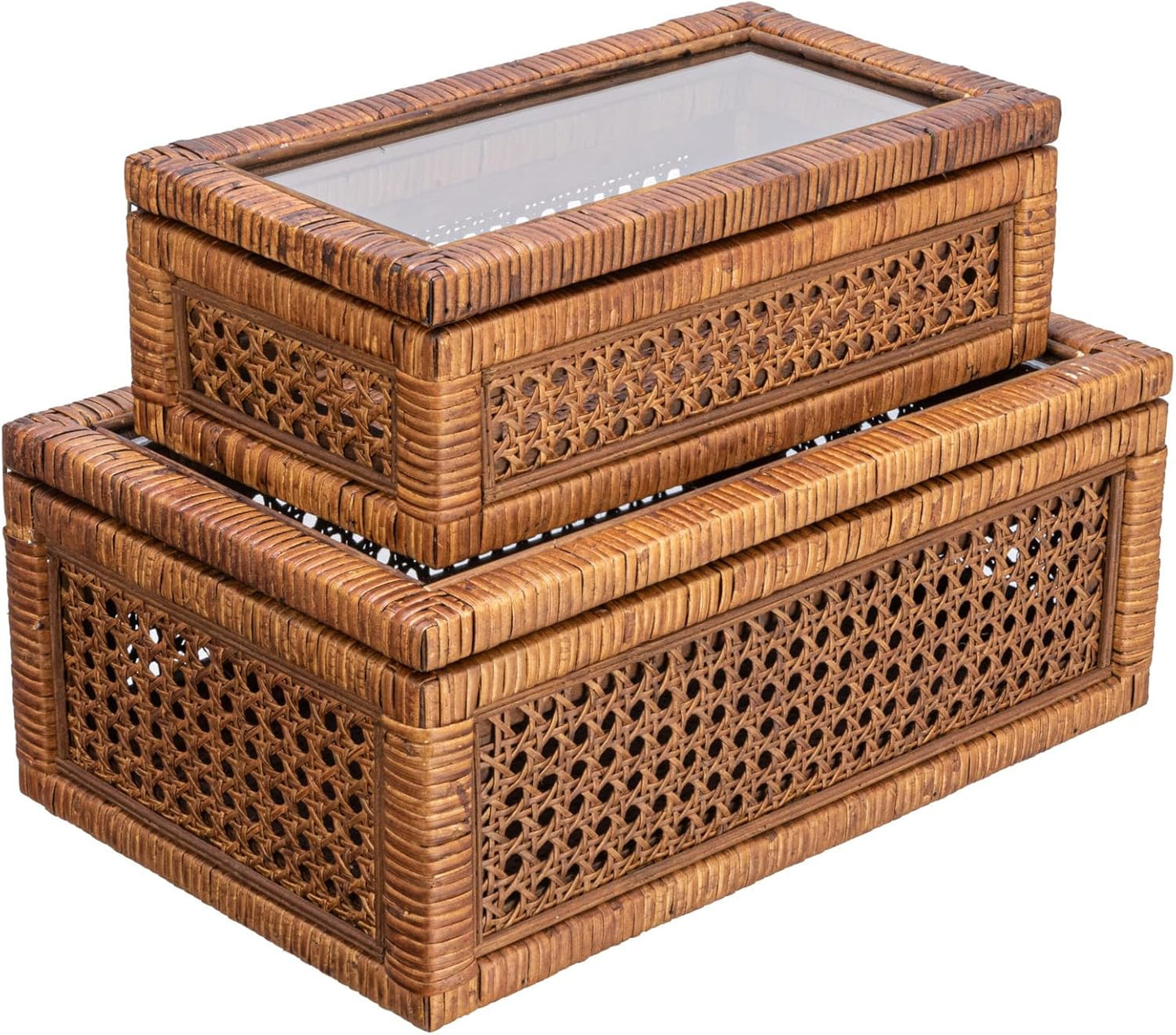Creative Co-Op Modern Decorative Square Woven Rattan and Wood Display Boxes with Glass Top, Set of 2 Sizes, Natural Finish