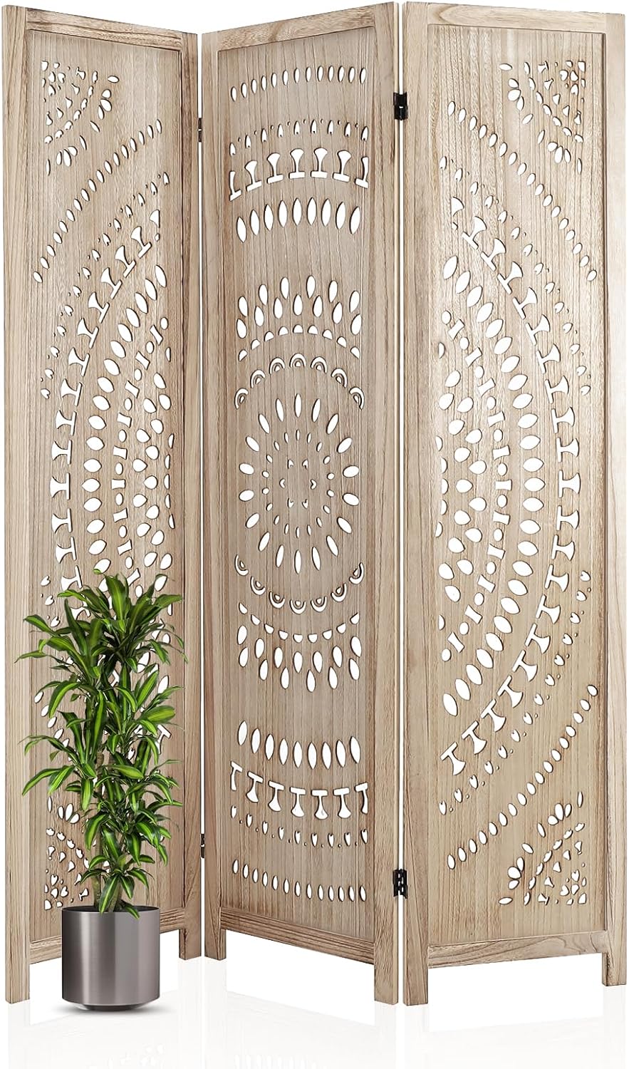 3 Panel Wooden Room Divider Screen - 8 Foot Tall Rustic Wood Privacy Partition with Floral Carved Cutouts, Foldable Farmhouse Decor for Bedroom, Home Office, Garden & Terrace (Natural)