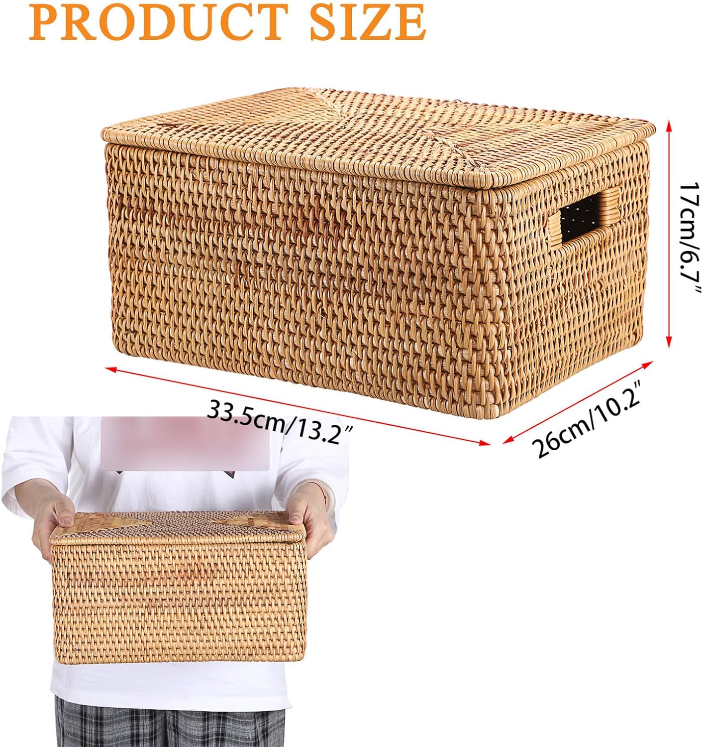 Hipiwe Wicker Storage Bins with Lid Handwoven Rattan Baskets Rectangular Decorative Shelf Baskets Bin with Handles Household Basket Boxes for Home Organizing,13.2"L x10.2"W x6.7"H