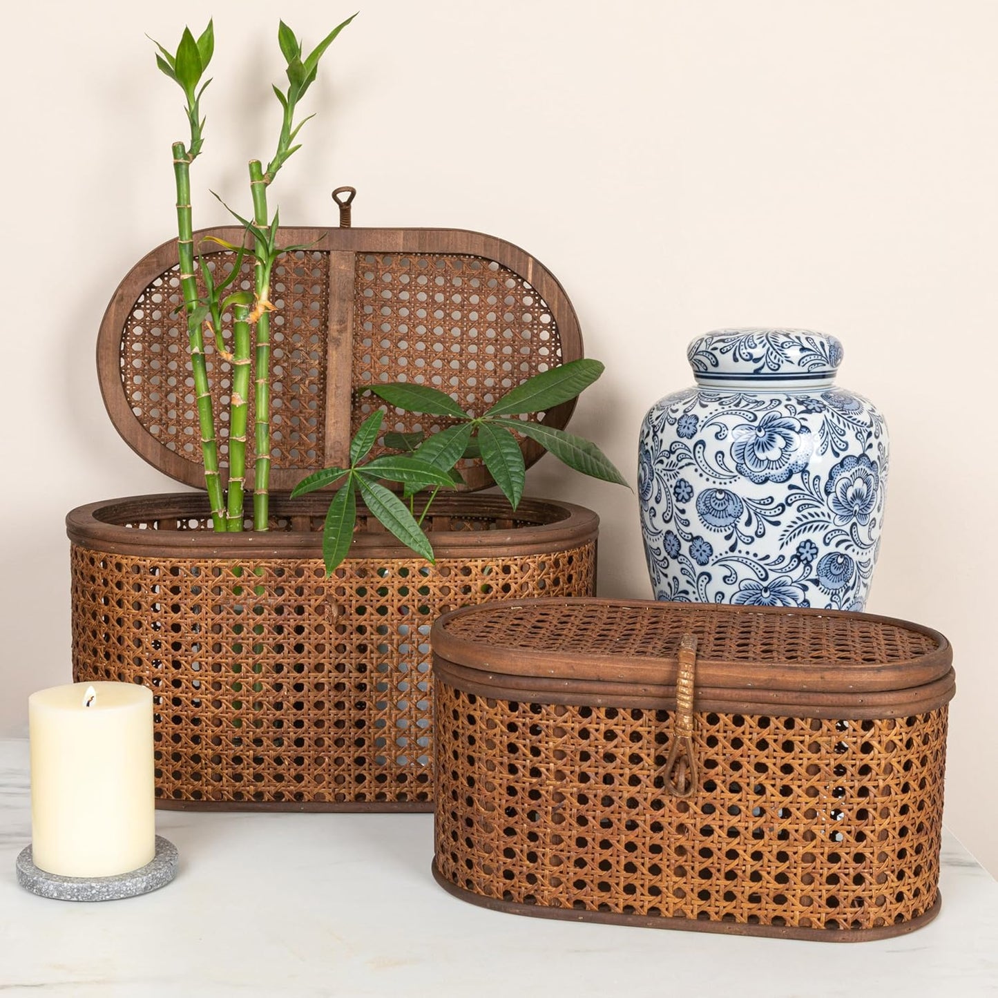 Modern Decorative Oval Woven Rattan Storage Boxes, Set of 2 Sizes, Dark Brown Finish