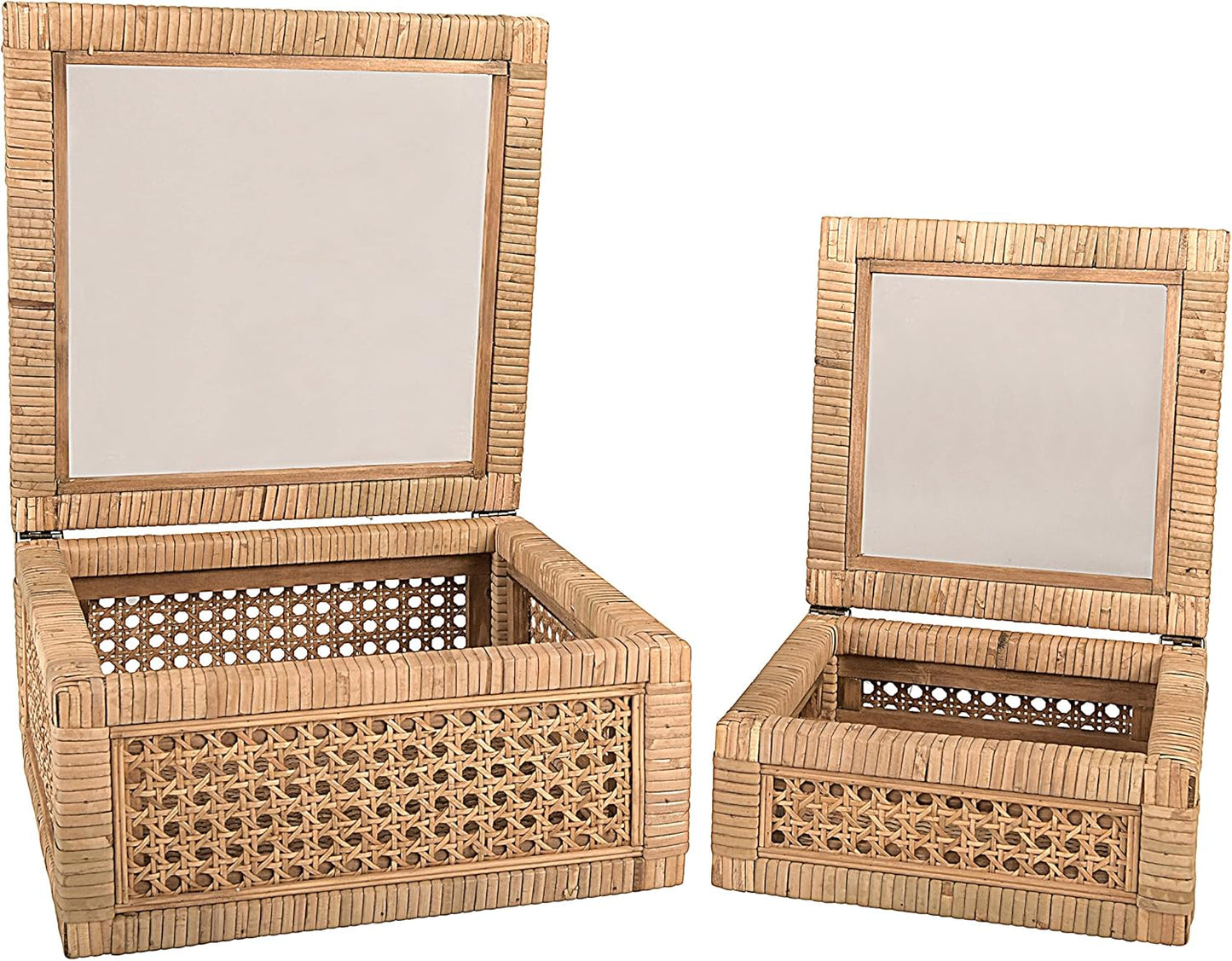 Creative Co-Op Modern Decorative Square Woven Rattan and Wood Display Boxes with Glass Top, Set of 2 Sizes, Natural Finish