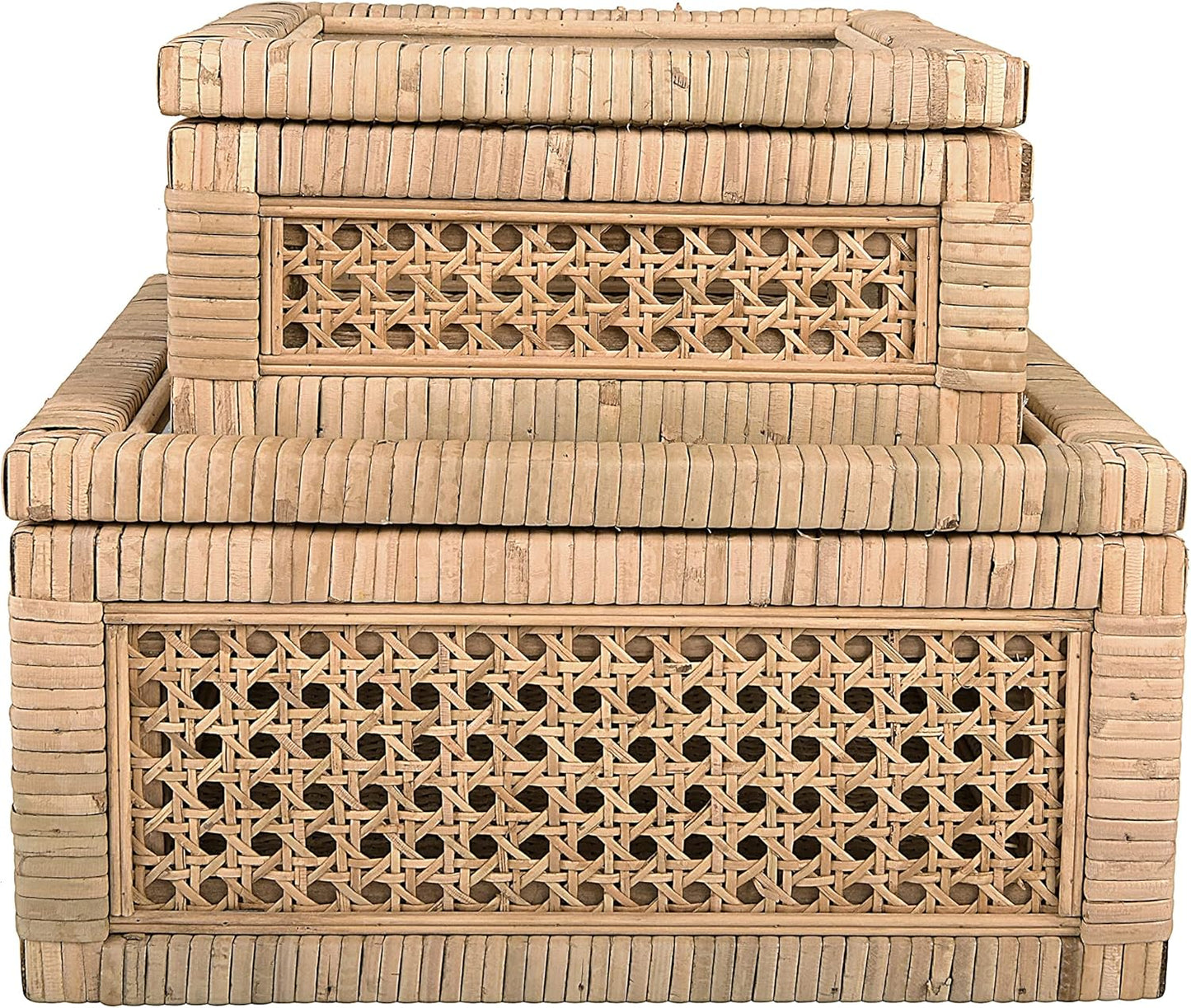 Creative Co-Op Modern Decorative Square Woven Rattan and Wood Display Boxes with Glass Top, Set of 2 Sizes, Natural Finish