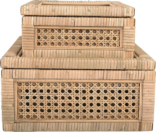 Creative Co-Op Modern Decorative Square Woven Rattan and Wood Display Boxes with Glass Top, Set of 2 Sizes, Natural Finish