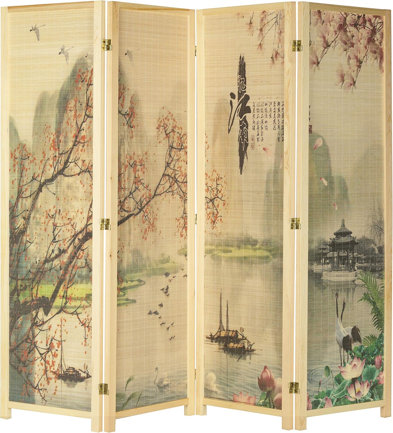 MyGift Decorative 4 Panel Folding Room Divider Bamboo Screen with Chinese Calligraphy Design, 6FT Freestanding Floral Artwork Room Partitioner with Black Wood Frame