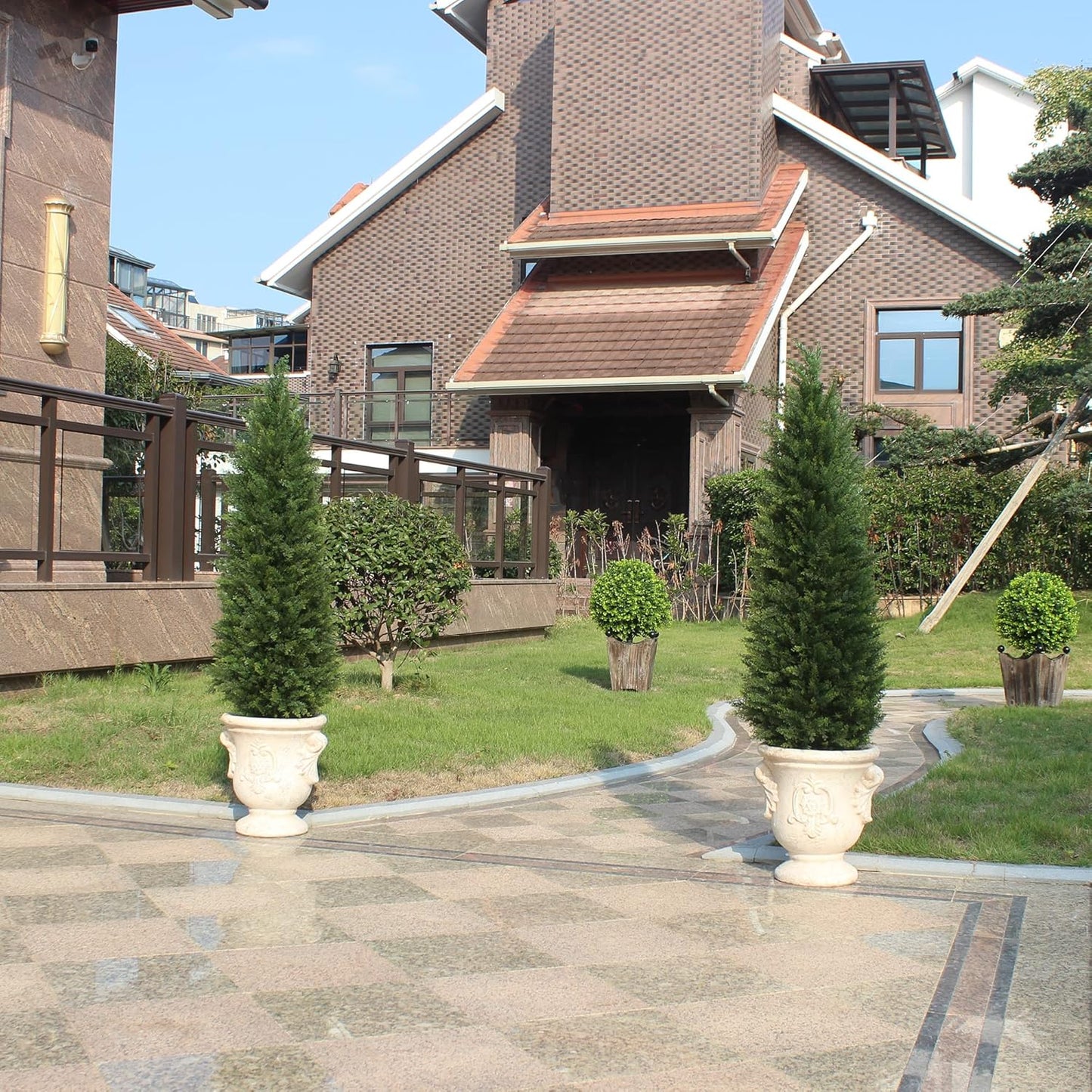 4ft Artificial Cedar Trees Artificial Topiary Trees Set of 2 Faux Cypress Plants UV Resistant Potted Bushes Faux Shrubs for Outdoor Indoor Front Porch Garden