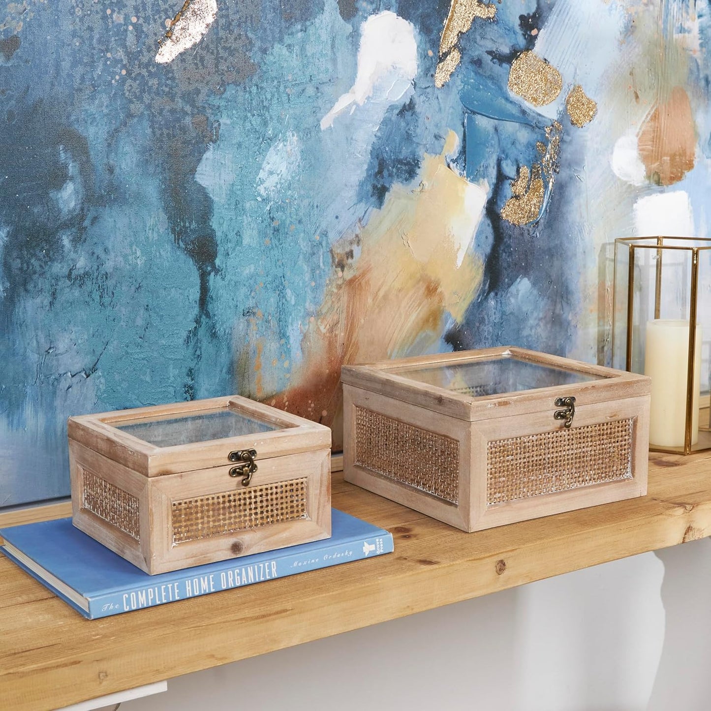Deco 79 Wood Decorative Box Glass Top Decorative Keepsake Boxes with Rattan Side Panels and Bronze Hook Closures, Set of 2 Storage Boxes 9", 7" W, Light Brown