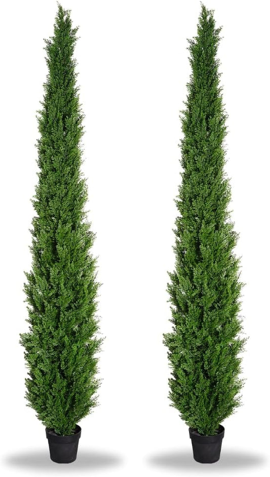 8 Feet Pre-Potted Evergreen Outdoor Artificial Cedar Tree for Front Porch Decor, Outdoor Entryway Decor Fake Tree, Tall Faux Tree with UV Resistant Coating (2 Pack)