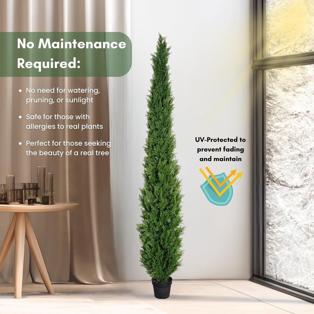 8 Feet Pre-Potted Evergreen Outdoor Artificial Cedar Tree for Front Porch Decor, Outdoor Entryway Decor Fake Tree, Tall Faux Tree with UV Resistant Coating (2 Pack)