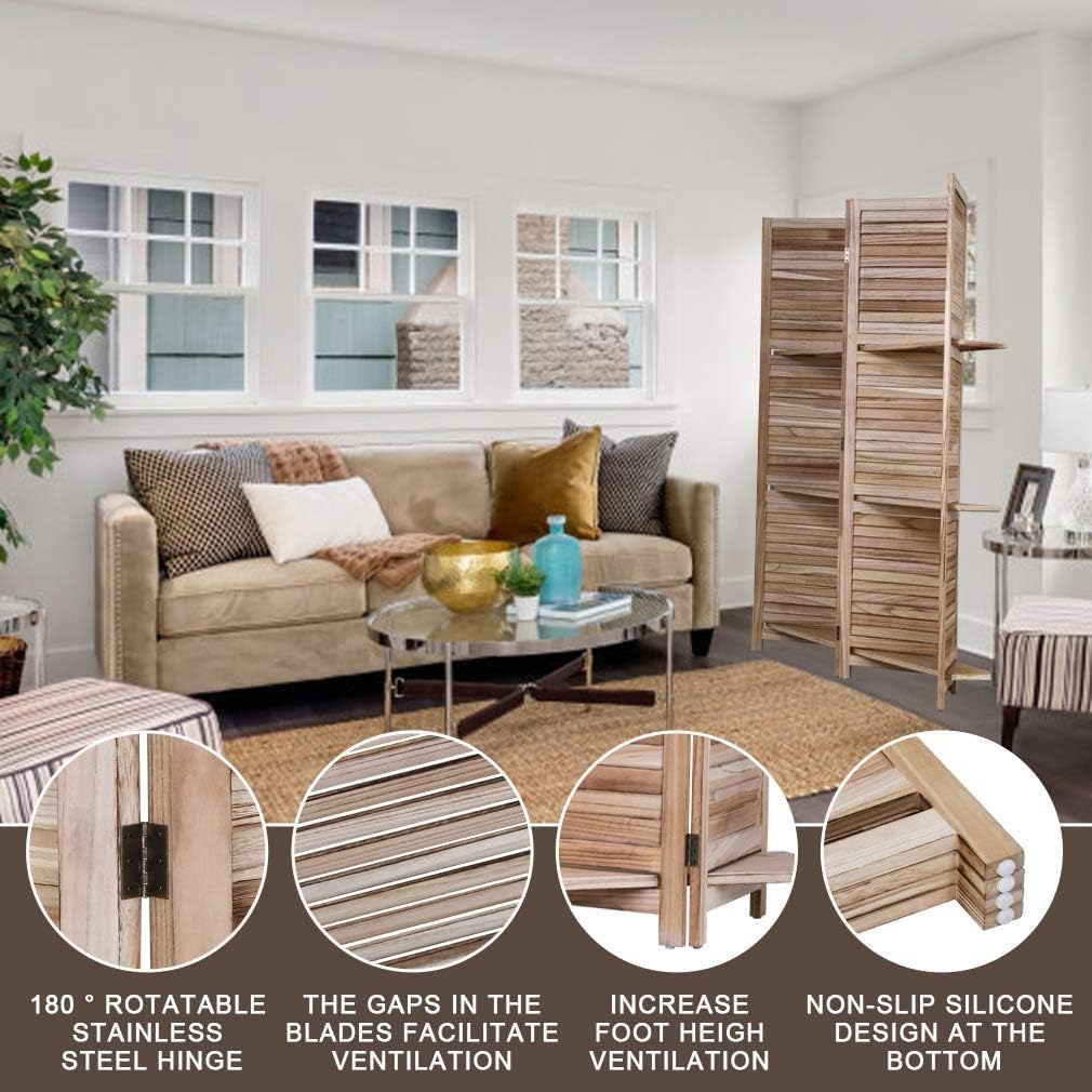 4 Panel Room Divider Folding Privacy Wooden Screen with Three Clever Shelf Portable Partition Wood Divider for Home Office, Natural