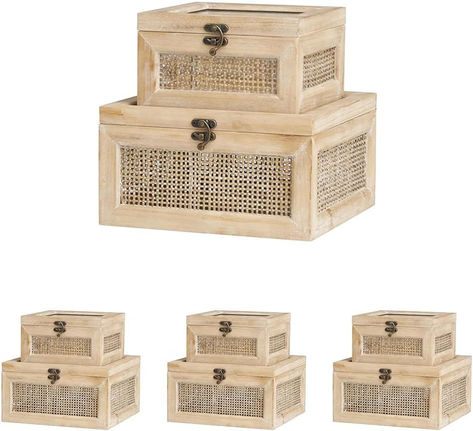 Deco 79 Wood Decorative Box Glass Top Decorative Keepsake Boxes with Rattan Side Panels and Bronze Hook Closures, Set of 2 Storage Boxes 9", 7" W, Light Brown