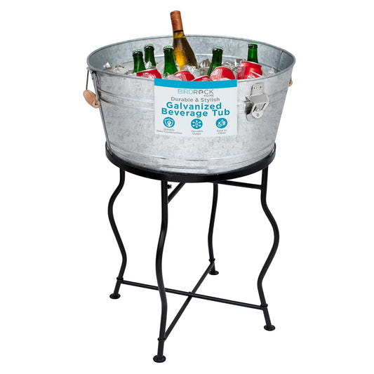 BirdRock Home Galvanized Beverage Tub with Stand | Bottle Opener | Party Drink Holder | Wooden Handles | Outdoor or Indoor Use | Free Standing