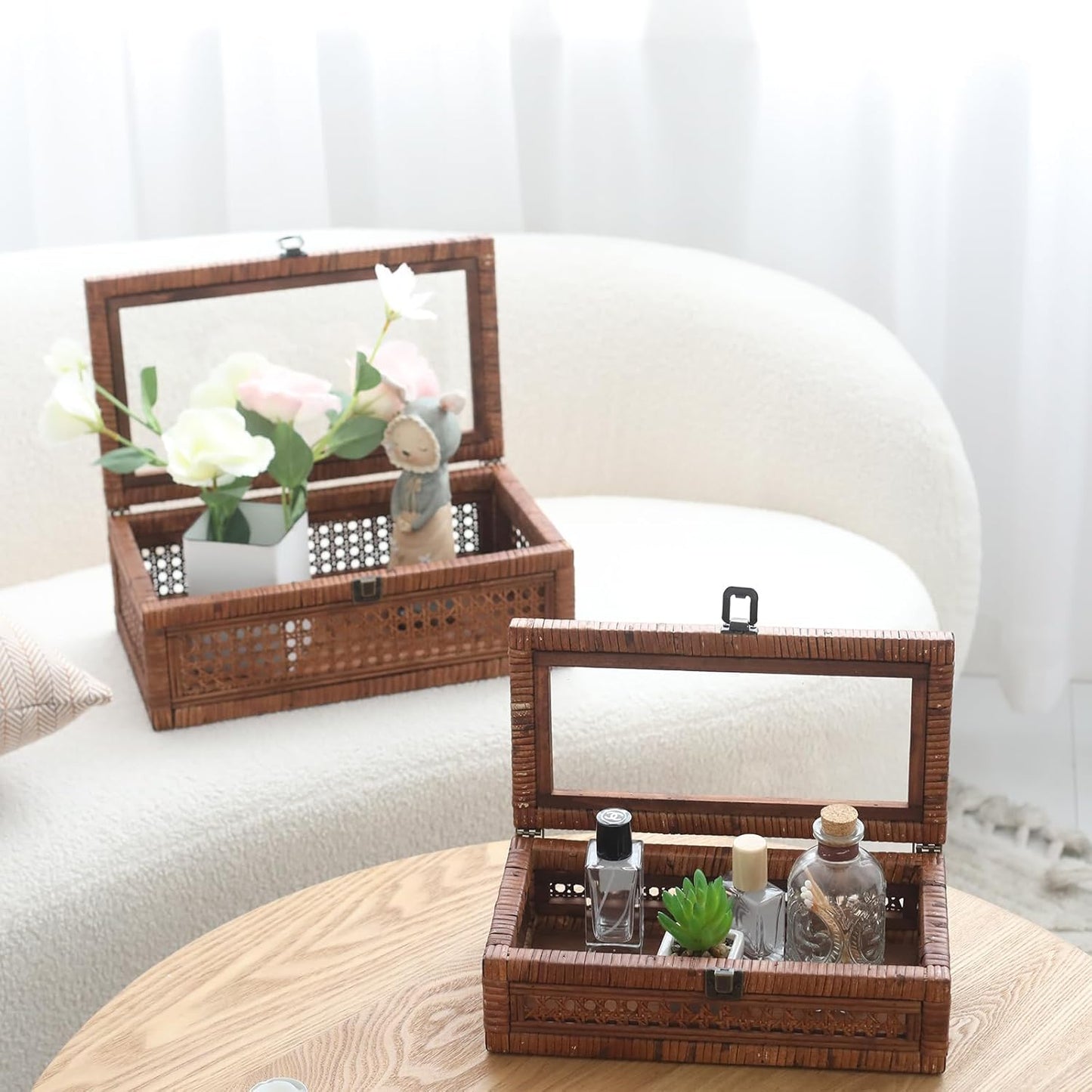 Rattan and Cane Stacking Boxes with Glass Top Lid - Set of 2 11.8" and 14.1", for Boho and Rustic Farmhouse Decor, Brown