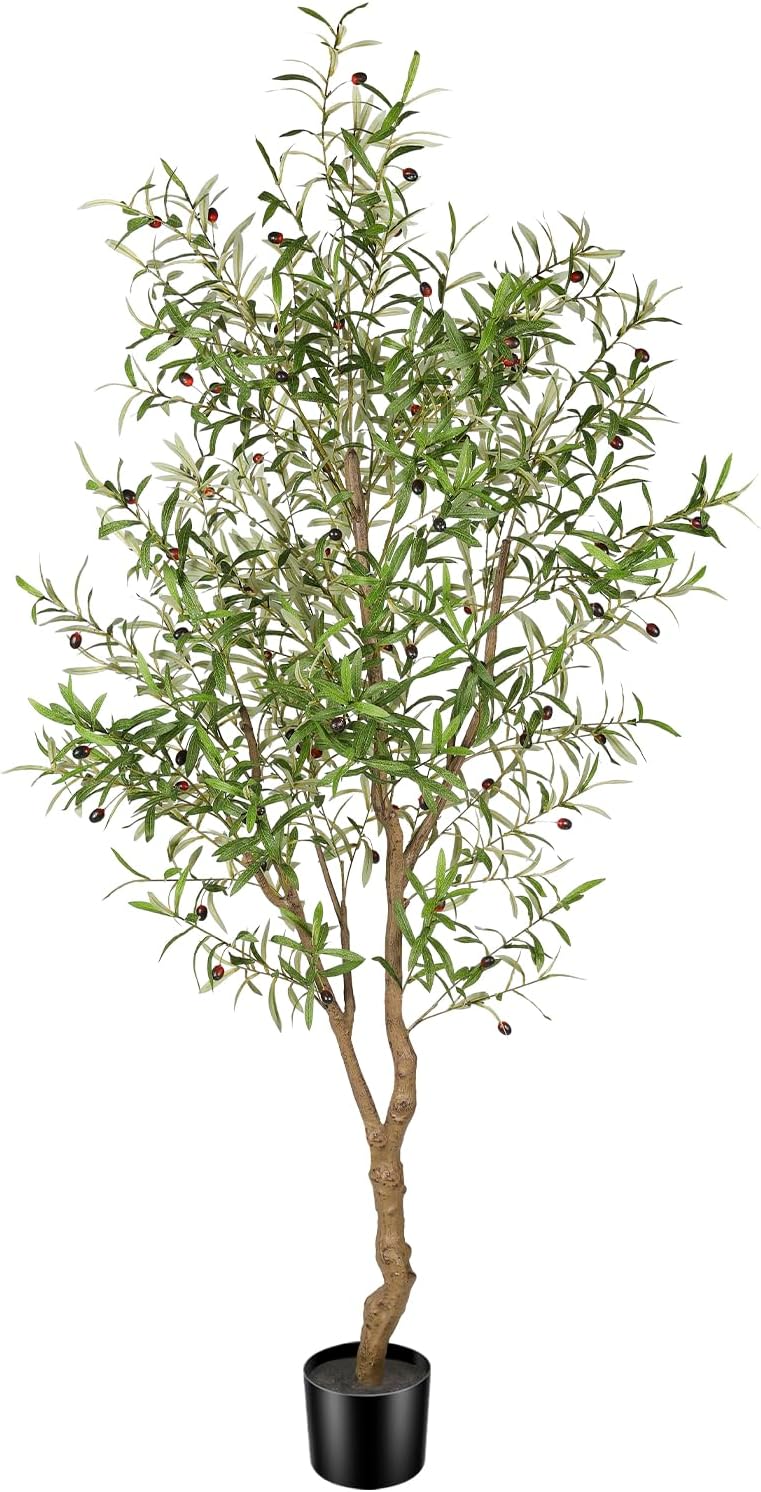8ft Faux Olive Tree - Large Realistic Artificial Olive Trees 8 Feet (96") Indoor Fake Plants with Realistic Trunk, Adjustable Branch, Olive Silk Tree with Planter for Home Living Room Decor
