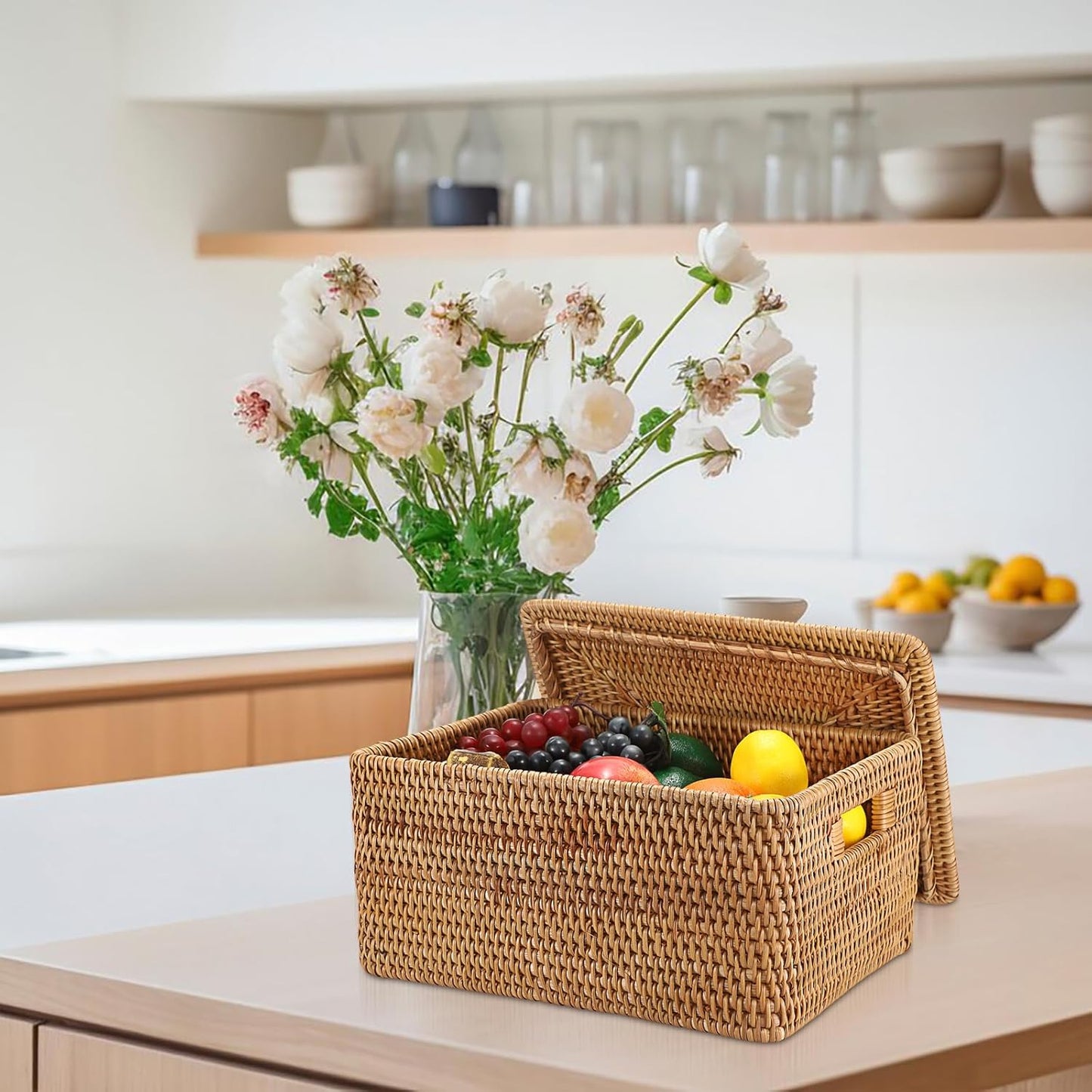 Hipiwe Wicker Storage Bins with Lid Handwoven Rattan Baskets Rectangular Decorative Shelf Baskets Bin with Handles Household Basket Boxes for Home Organizing,13.2"L x10.2"W x6.7"H