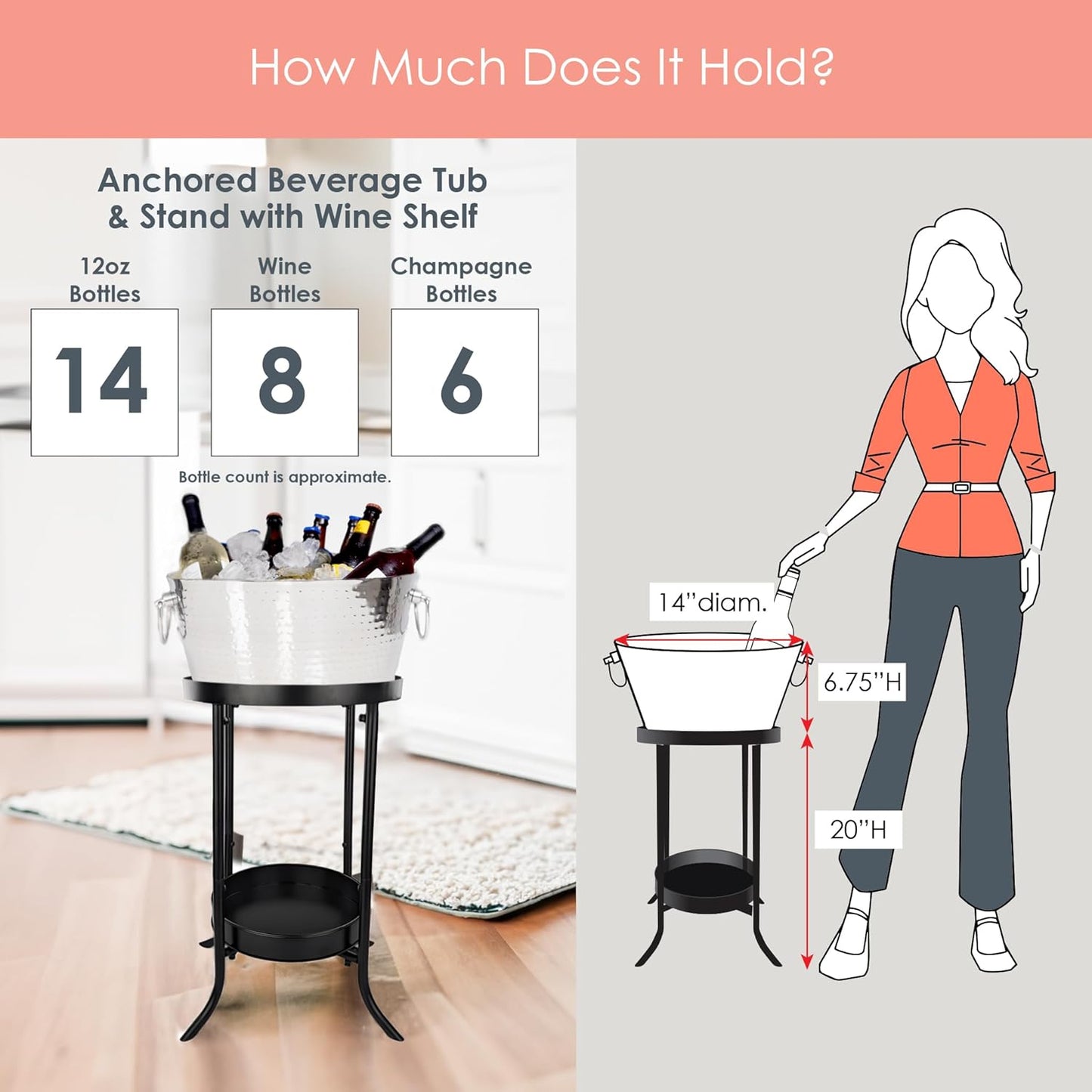 BREKX Champagne Ice Bucket with Stand, Wine Bucket with Stand Stand for Parties/Insulated Wine Chiller Bucket for Parties, 100% Leak Proof Metal Bucket - Bottom Tray