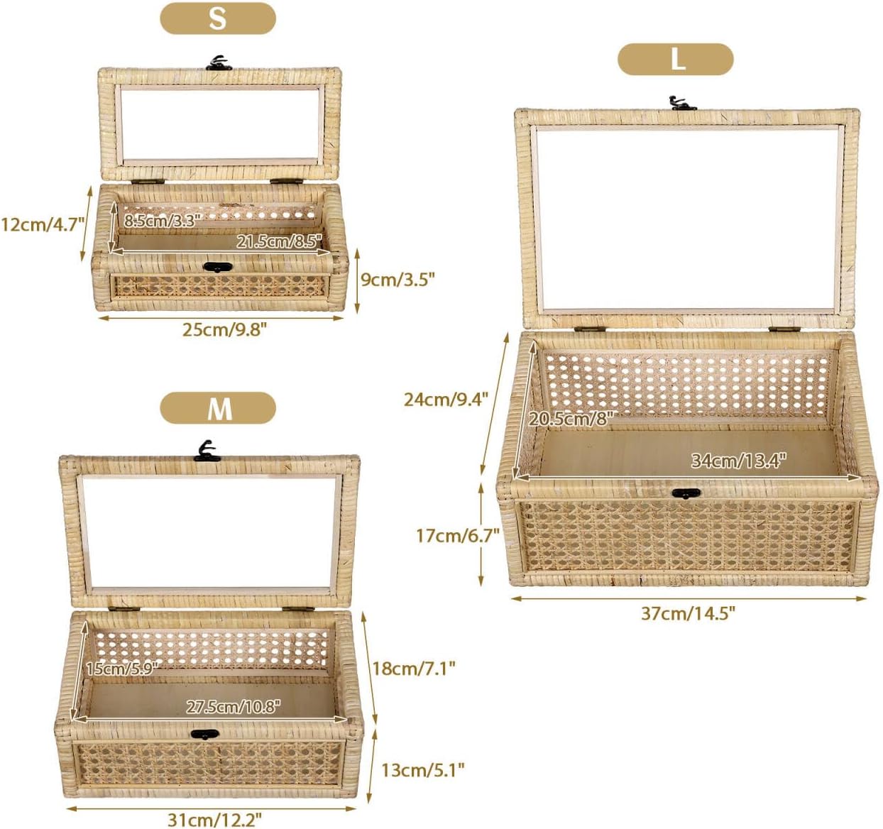 ANMINY Rattan Decorative Basket Box with Glass Lids, Set of 3 Boho Rectangular Display Boxes with Clear Top, Stackable Natural Handwoven Cane Wicket Storage Baskets Bins for Home Farmhouse Decor