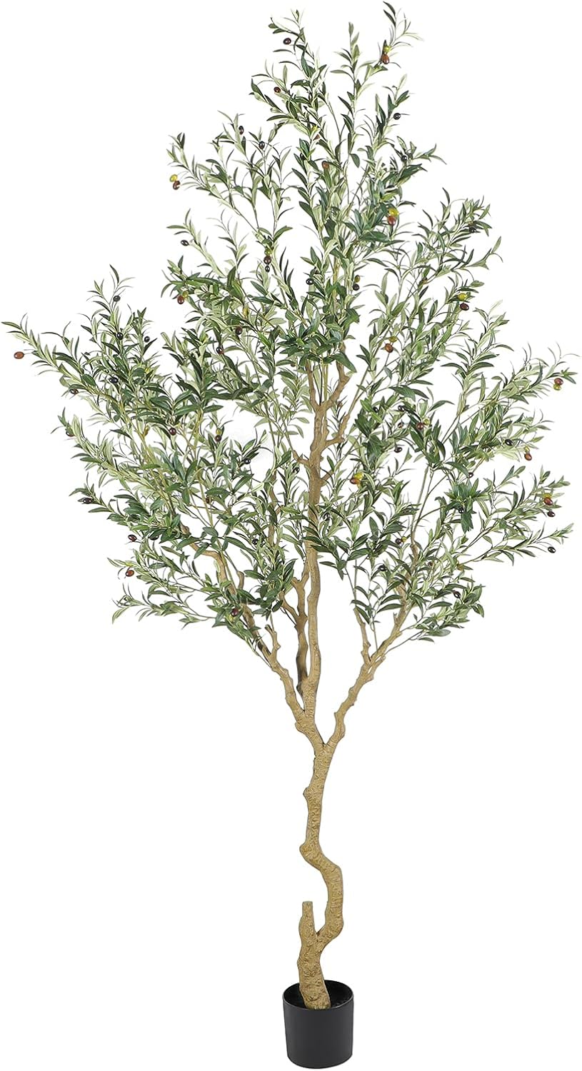 Tall Faux Olive Tree，8ft（96in） Realistic Potted Silk Artificial Olive Tree， Fake Olive Trees Indoor with Green Leaves and Big Fruits for Home Office Living Room Stairs Patio Decor.