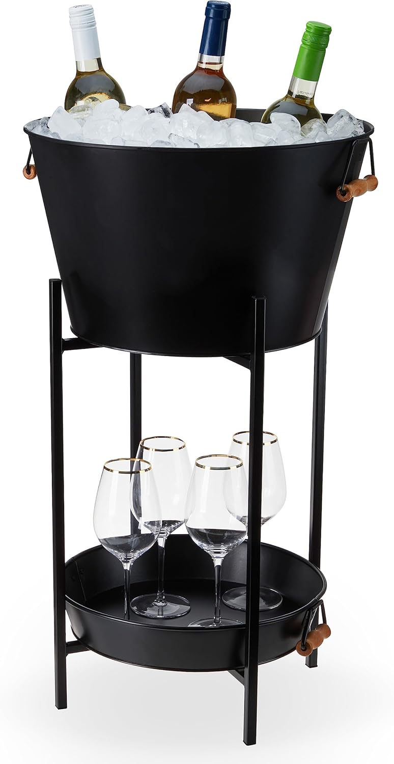 Twine Black Beverage Tub with Collapsible Stand, Large Metal Bucket and Tray, Ice Drink Buckets with Acacia Wood Handles for Parties, 3-Piece Set