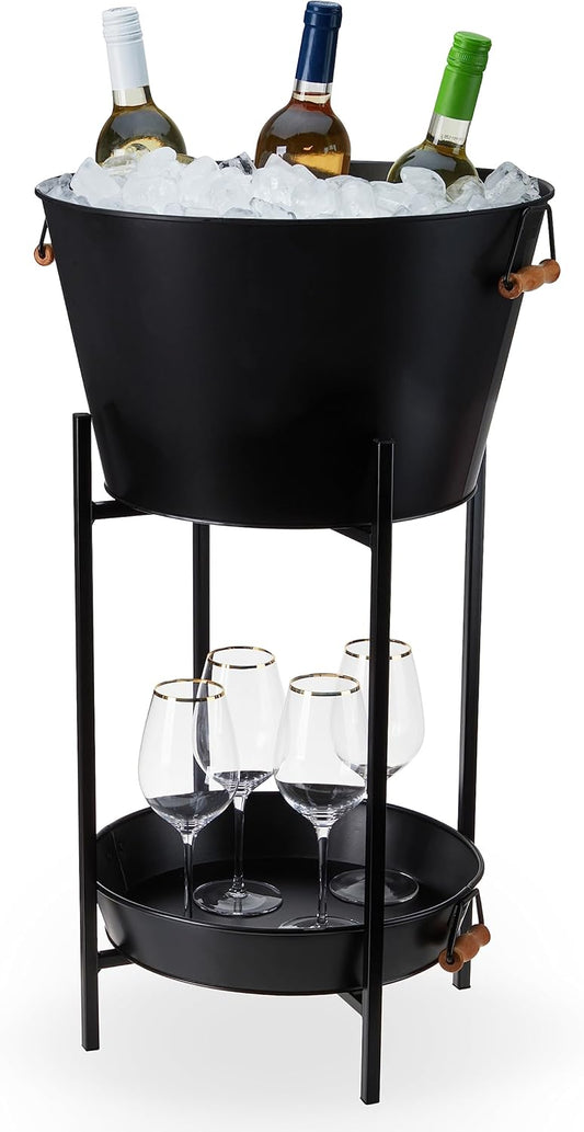 Twine Black Beverage Tub with Collapsible Stand, Large Metal Bucket and Tray, Ice Drink Buckets with Acacia Wood Handles for Parties, 3-Piece Set