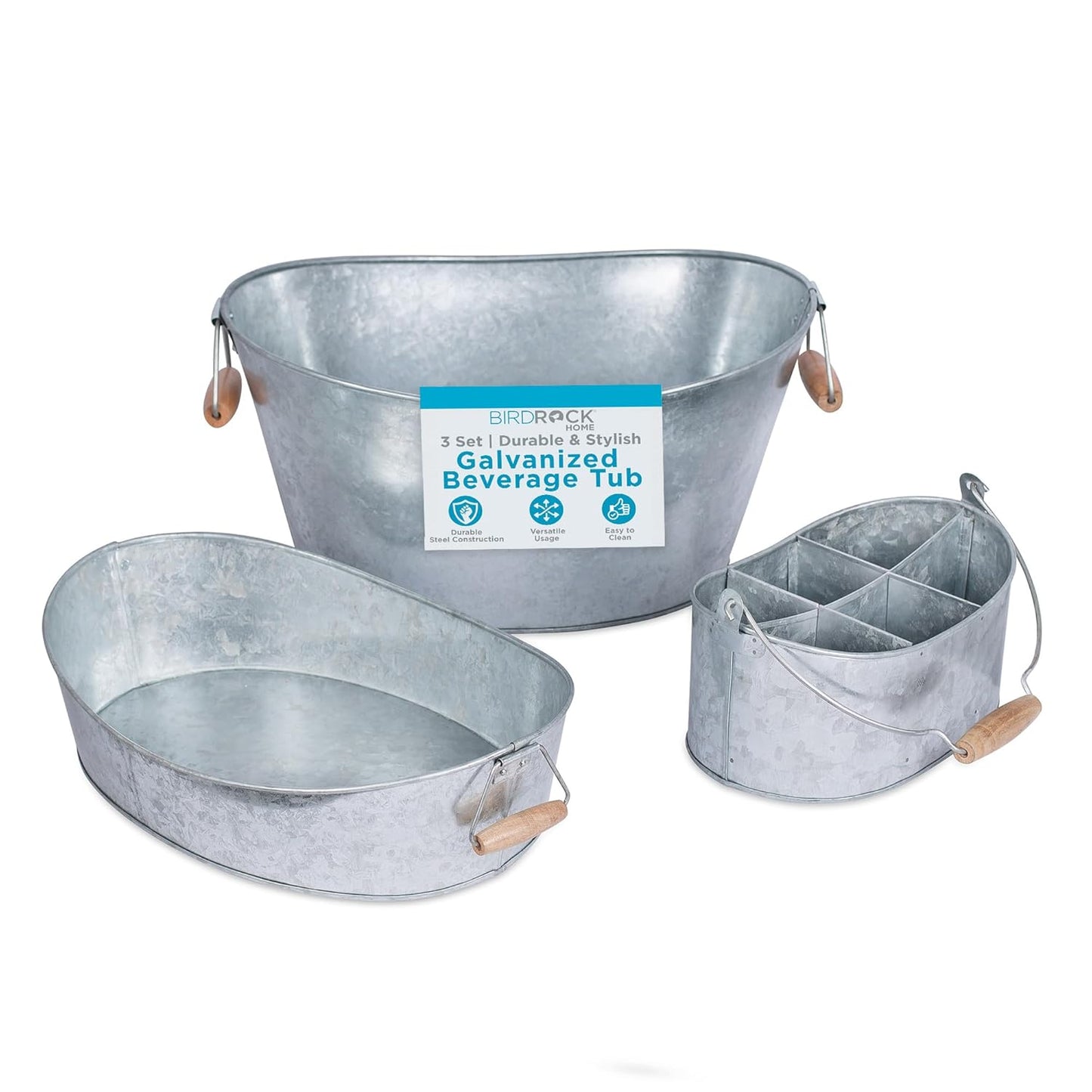 BirdRock Home Galvanized Beverage Tub with Stand | Bottle Opener | Party Drink Holder | Wooden Handles | Outdoor or Indoor Use | Free Standing