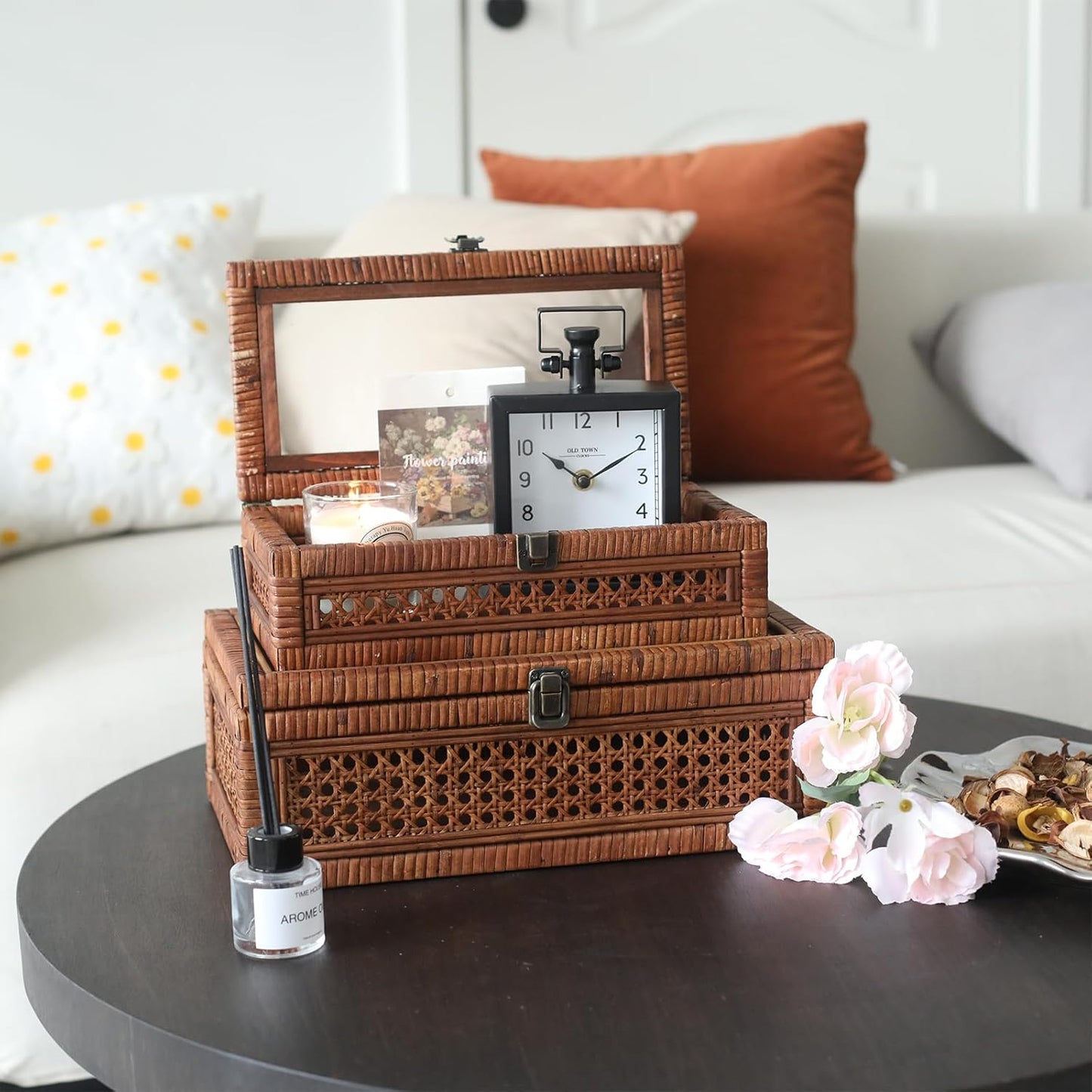 Rattan and Cane Stacking Boxes with Glass Top Lid - Set of 2 11.8" and 14.1", for Boho and Rustic Farmhouse Decor, Brown