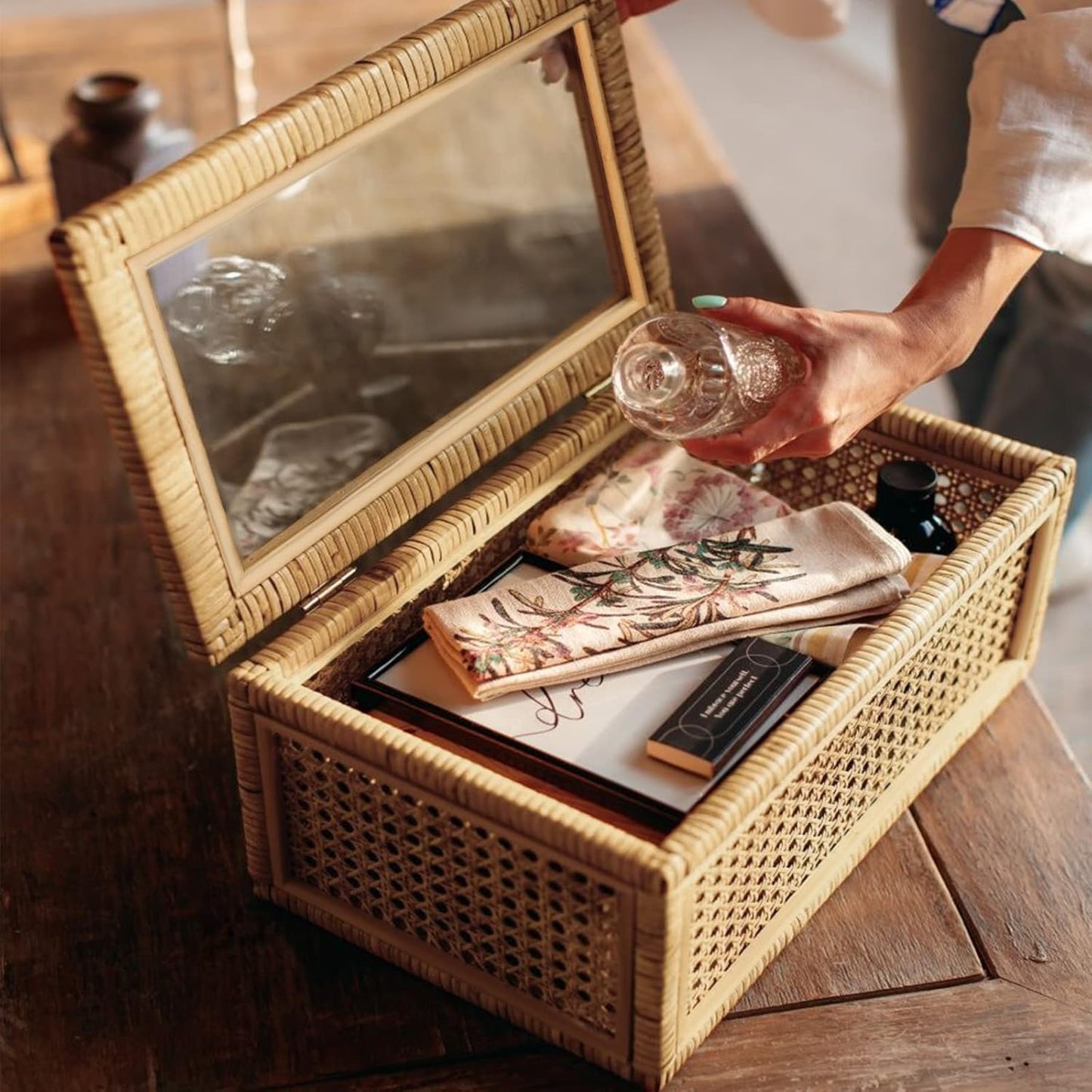 Large Handwoven Boho Rattan Display Boxes with Glass Lids - Set of 2 Rectangular Decorative Storage Bins - Natural Woven Cane Home Decor Organizers (15.55" x 9.64" x 5.9" & 12.48" x 6.88" x 4.52")