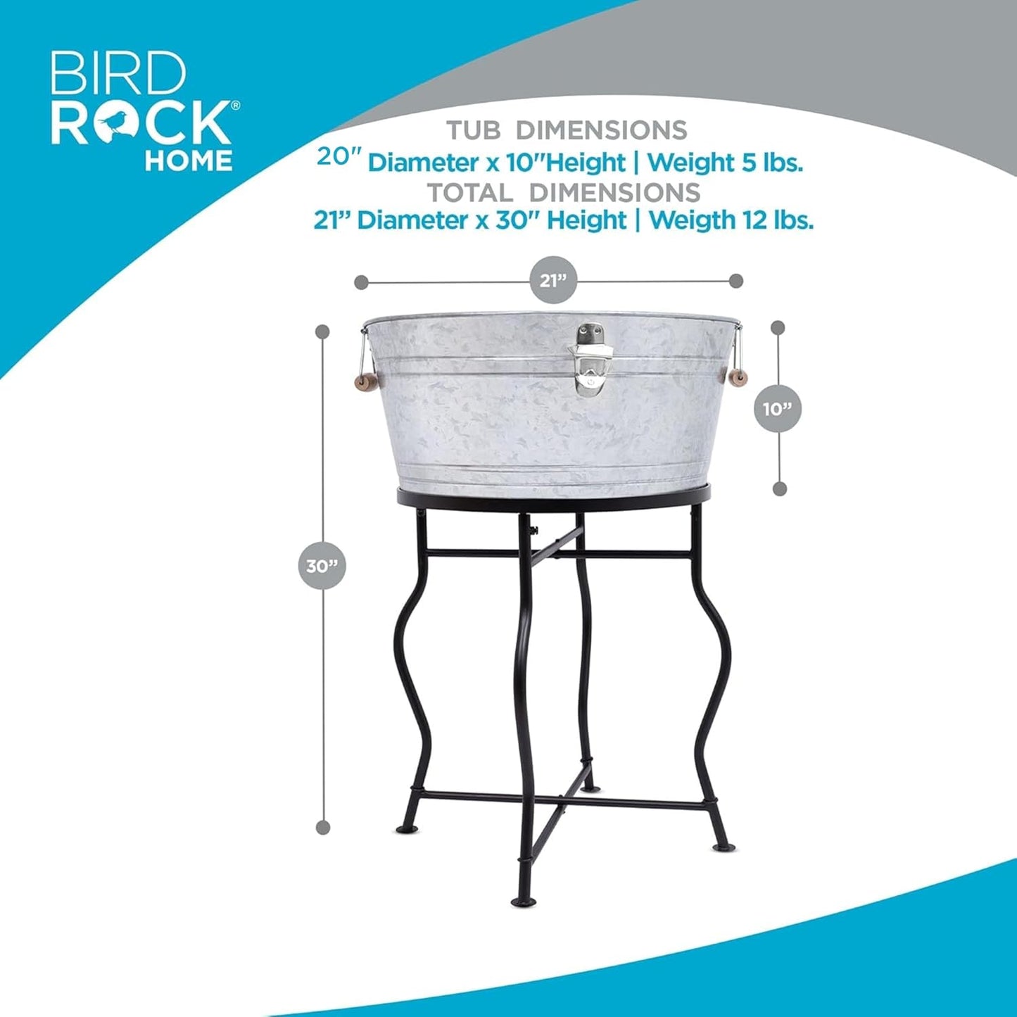 BirdRock Home Galvanized Beverage Tub with Stand | Bottle Opener | Party Drink Holder | Wooden Handles | Outdoor or Indoor Use | Free Standing