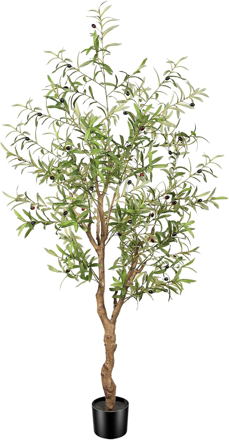 8ft Faux Olive Tree - Large Realistic Artificial Olive Trees 8 Feet (96") Indoor Fake Plants with Realistic Trunk, Adjustable Branch, Olive Silk Tree with Planter for Home Living Room Decor