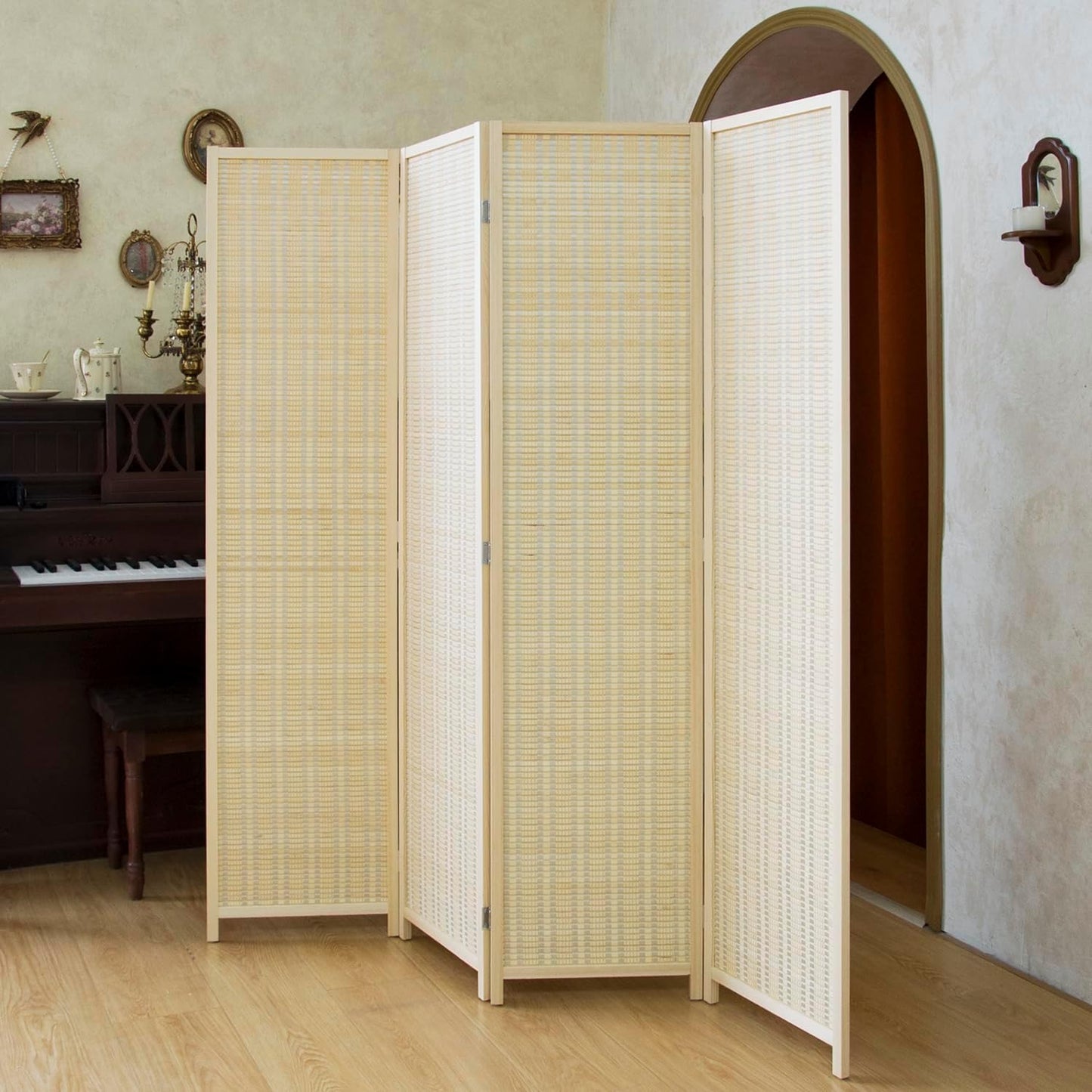 8 Panel Room Divider Folding Privacy Screen,67 inch Bamboo Panel Divider for Home Partition,Beige