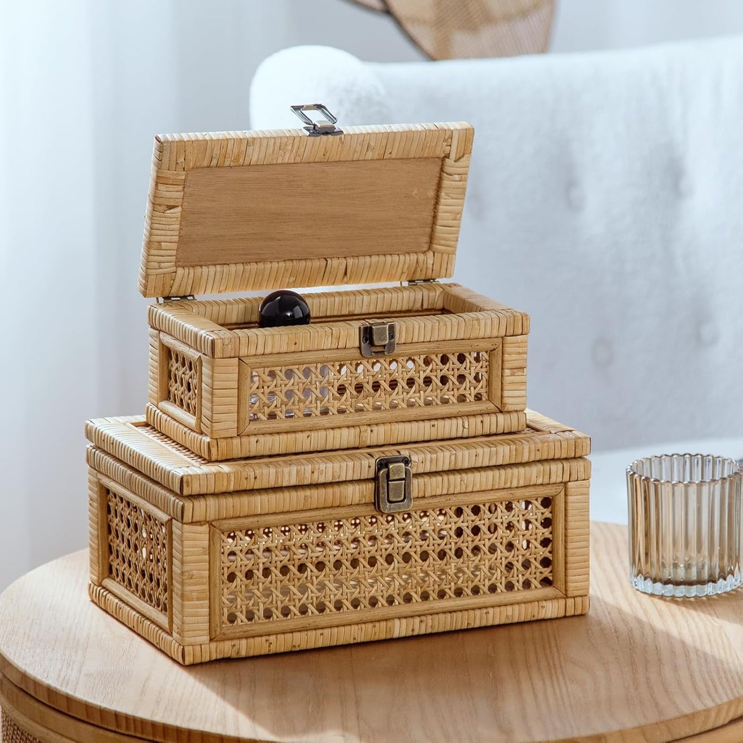 Rattan Box, Boho Decorative Boxes with Lids, Set of 2 Rectangular Wicker Storage Basket, Natural Woven Cane Bins for Home Decor (Rectangular)