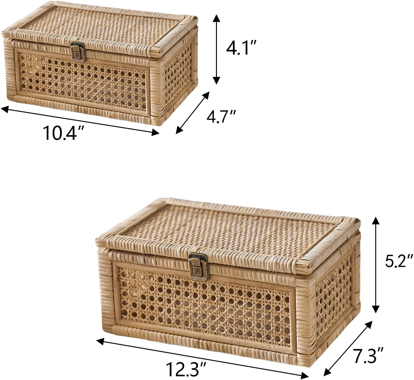 Rattan Box, Boho Decorative Boxes with Lids, Set of 2 Rectangular Wicker Storage Basket, Natural Woven Cane Bins for Home Decor (Rectangular)