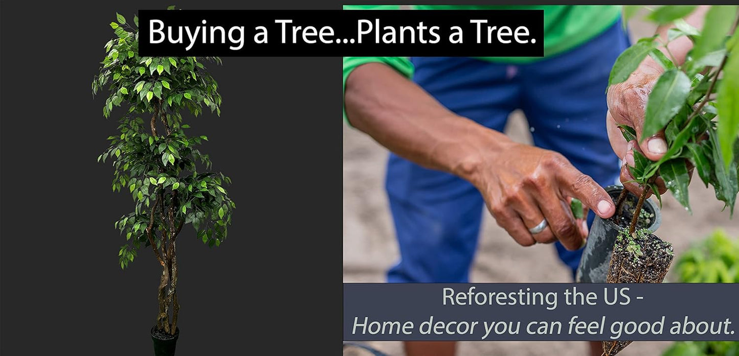 Cypress & Alabaster Handmade 6.5ft 3-Tier Ficus Artificial Tree with Ethically Sourced Real Wood Trunks, Hypoallergenic, 6.5-Foot, Green