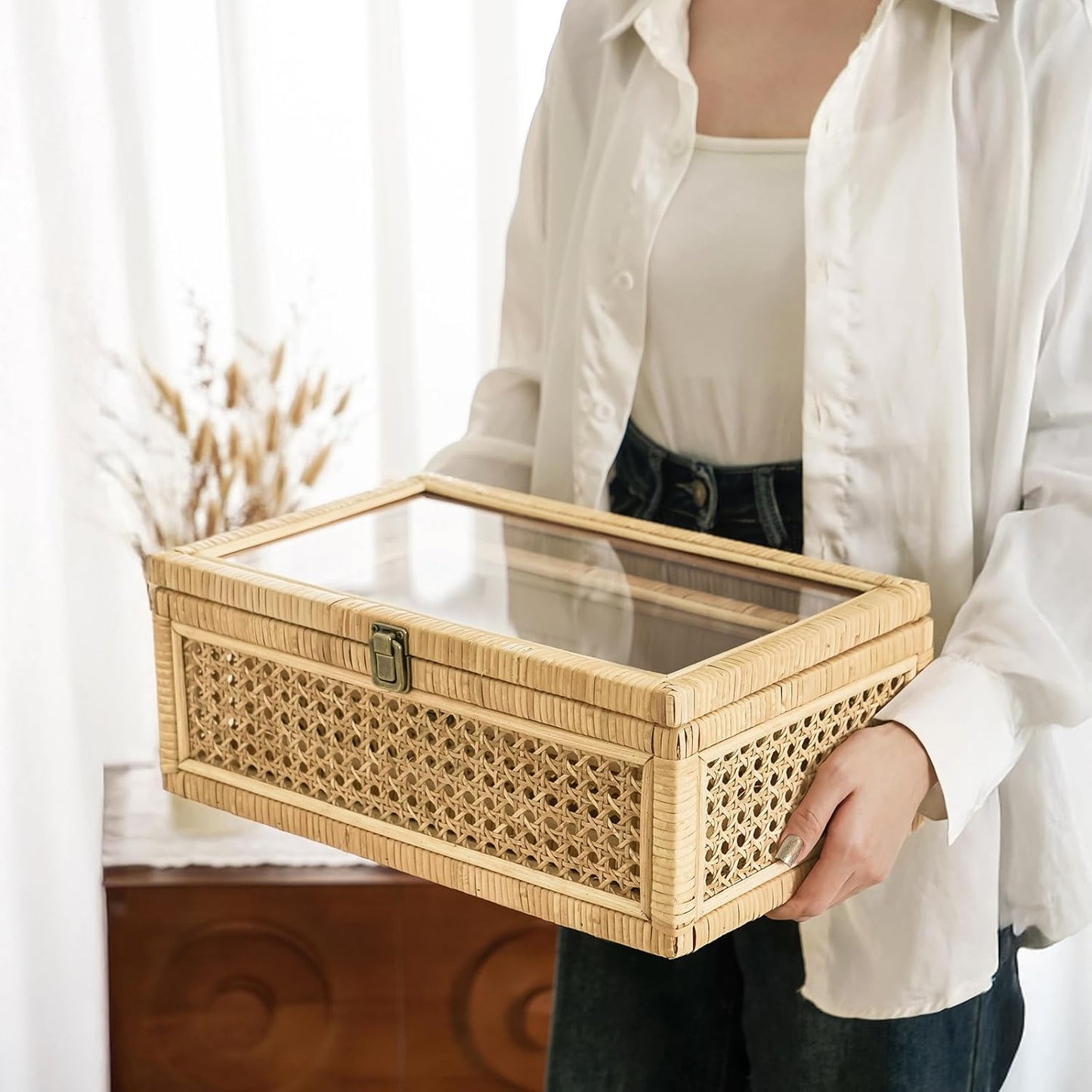 Rattan Decorative Box with Lid, Set of 2 Wicker Storage Baskets, Rectangular Woven Stacking Display Boxes with Glass Top, Large Natural Cane and Wood Storage Bins for Home Decor, Boho Shelf Organizer