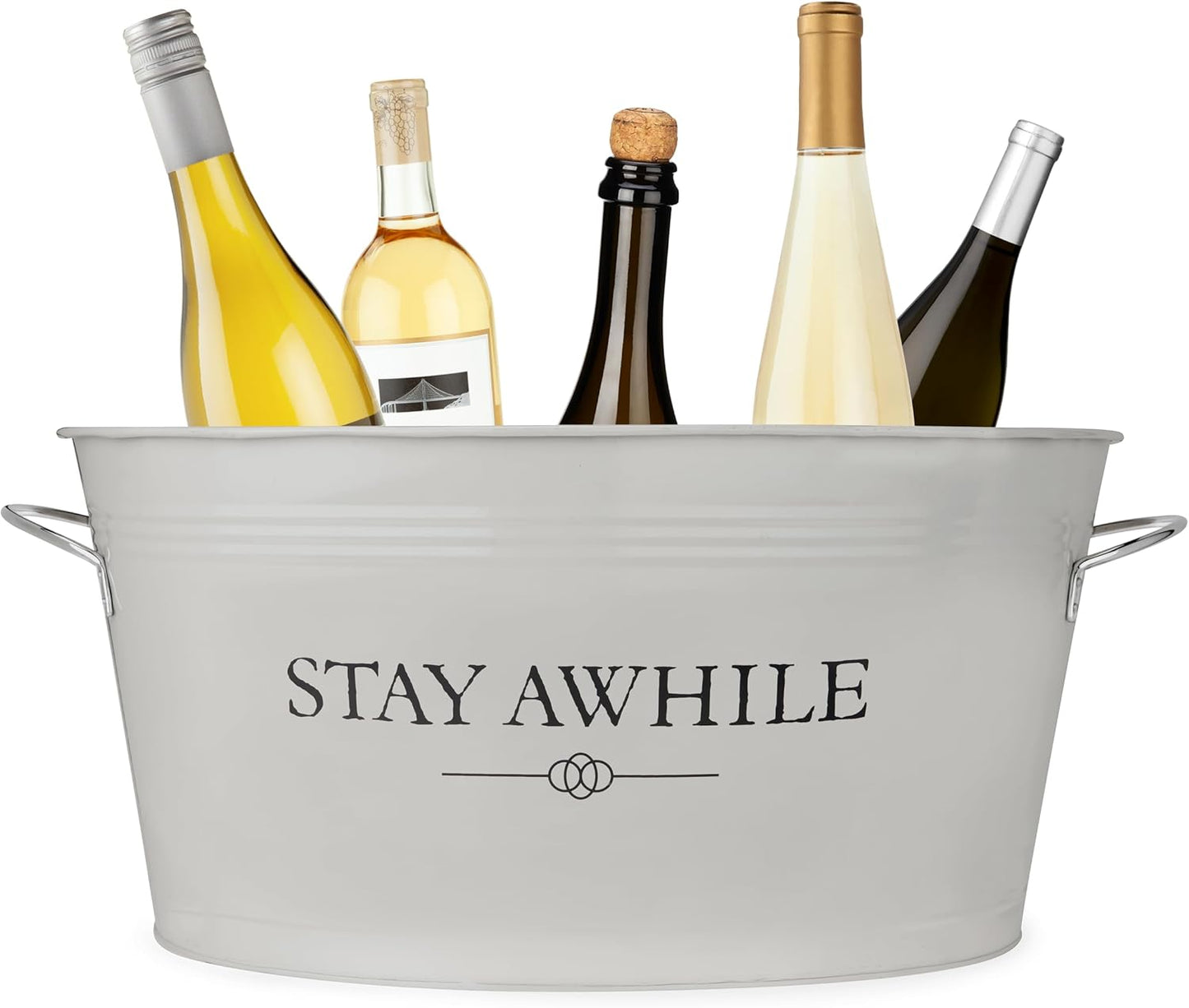 Twine Black Beverage Tub with Collapsible Stand, Large Metal Bucket and Tray, Ice Drink Buckets with Acacia Wood Handles for Parties, 3-Piece Set