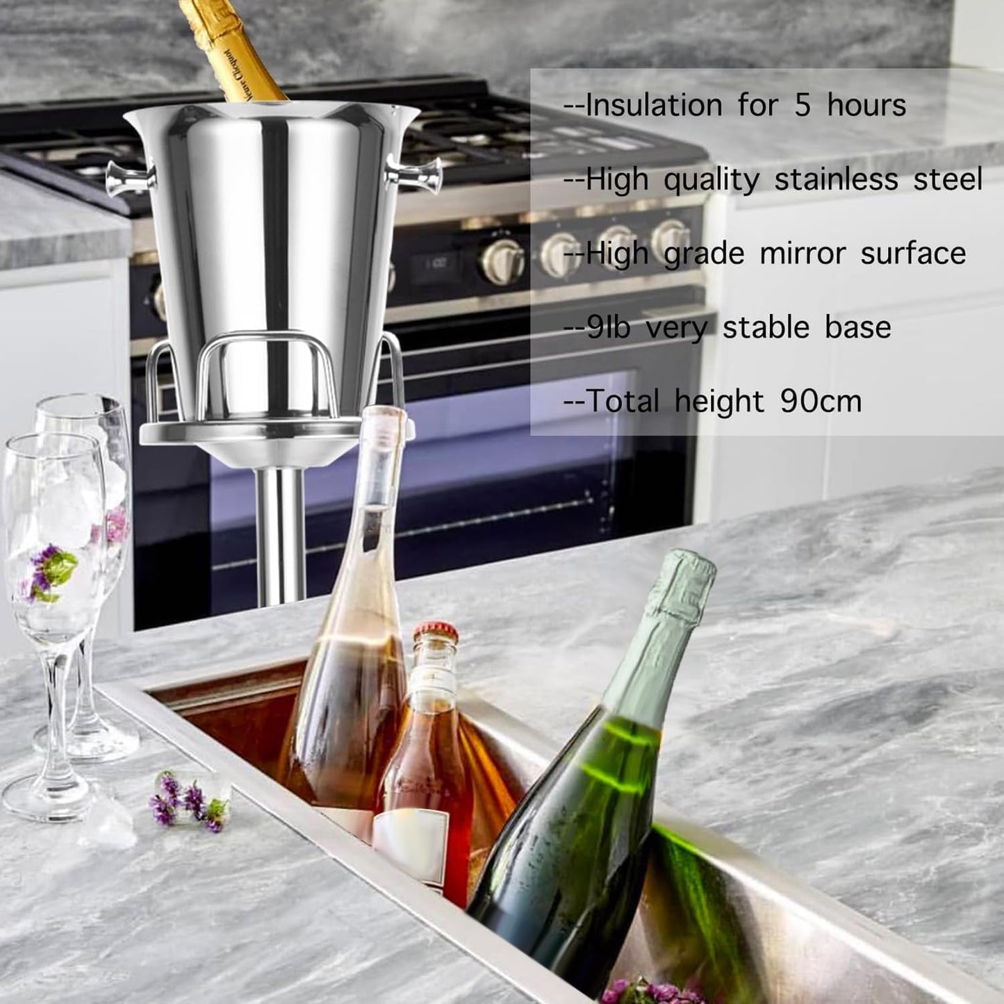 Ice Bucket with Stand Standing Champagne bucket for Party Stainless Steel Wine Bucket Wine Cooler with Stand 5L Wine Chiller for Bar Ktv Weding (silver)