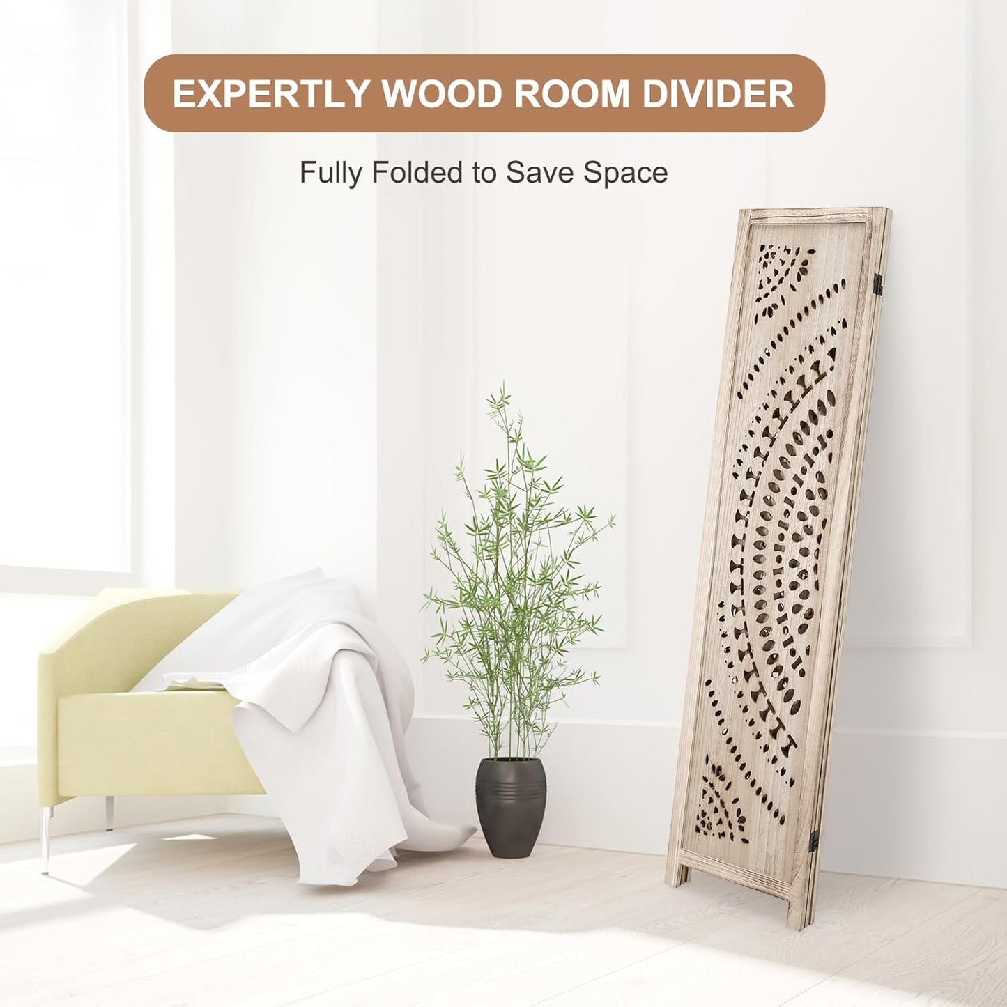 3 Panel Wooden Room Divider Screen - 8 Foot Tall Rustic Wood Privacy Partition with Floral Carved Cutouts, Foldable Farmhouse Decor for Bedroom, Home Office, Garden & Terrace (Natural)