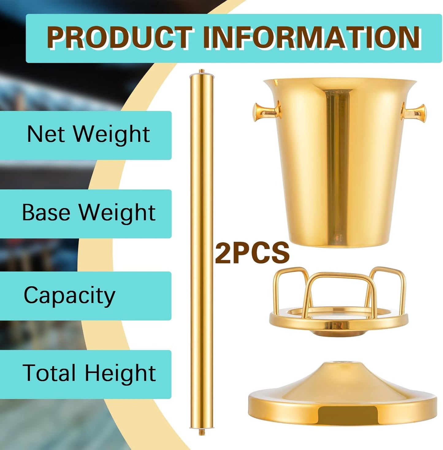 Lallisa 2 Pieces Wine Ice Bucket with Stand Stainless Steel Standing Champagne Ice Bucket Cube Container on Stand for Beer KTV Club Bar BBQ Wedding 35.8in 5L (Gold)